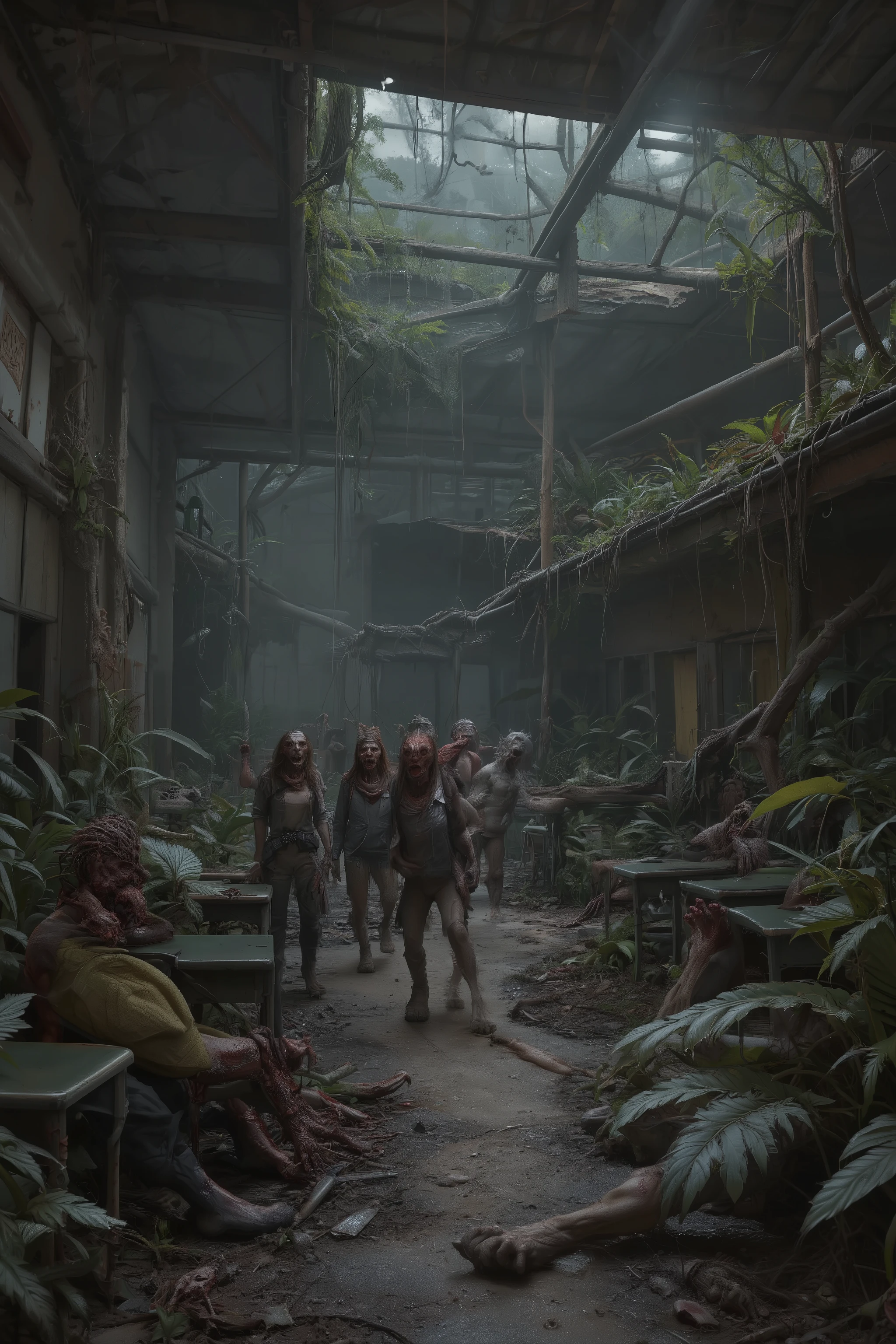 Post-Apocalyptic School - Zombies roam the campus, mutant plants overrun classrooms—how will you and your crew survive here? , ray tracing, 32K, HDR, UHD, cinematic, masterpiece, award-winning