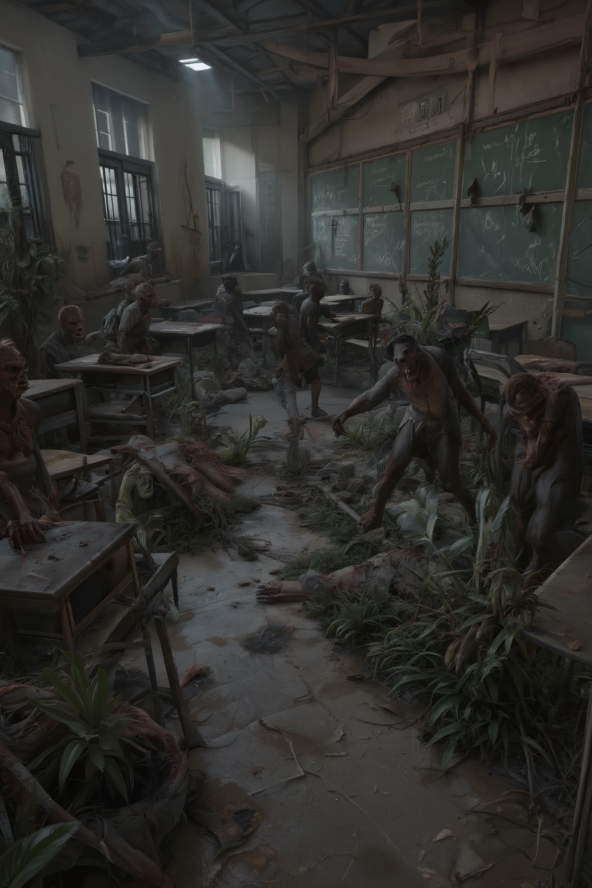 Post-Apocalyptic School - Zombies roam the campus, mutant plants overrun classrooms—how will you and your crew survive here? , ray tracing, 32K, HDR, UHD, cinematic, masterpiece, award-winning