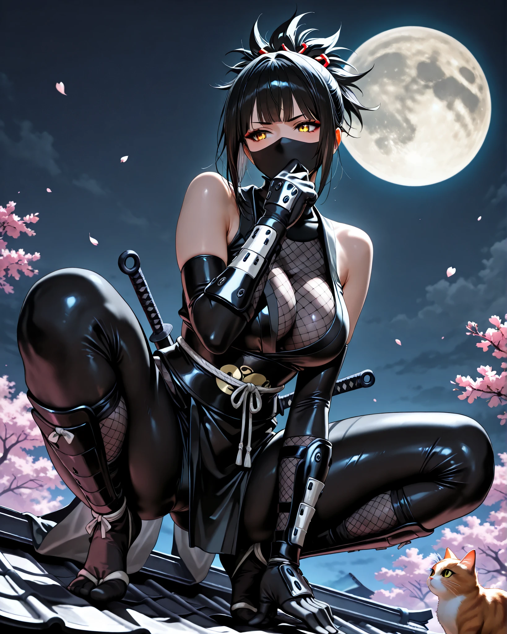 front angle, (masterpiece, 4k, ultra detailed, vivid colors), {1woman}: (a beautiful and attractive woman, short black hair all spiky, yellow eyes with irises like a cat, wearing a black ninja outfit with a mask covering her mouth, crouched on top of a roof with one hand supporting herself and the other raised holding a kunai, determined look), on top of a roof of a Japanese-style house, sakura petals falling gently, on a night where the moon shining in the background illuminates everything perfectly and creates shadows
