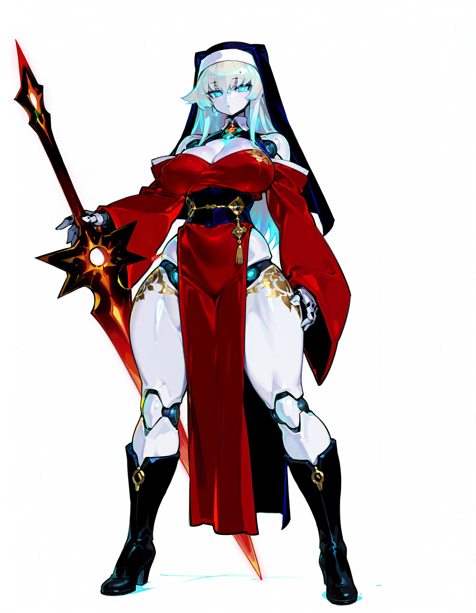 (((masterpiece))), (((Best Quality))), ((Ultra-detailed)), ((extremely delicate and beautiful)),solo, Full body, (phyrexian robotic female)(phyrexian android female) (mechanical undead lady) skin replaced with iron, (pale gold hair and glowing ultra-blue eyes) (red Japanese nun's habit)(red kimono) (raise up huge obelisk-head long lance)(high-heeled boots), very confident,(breast enlargement)(thick legs)(muscular)(Character Focus),highly detailed, Colorful, highest details, very massive, full body standing, Whole body, (((white background)))