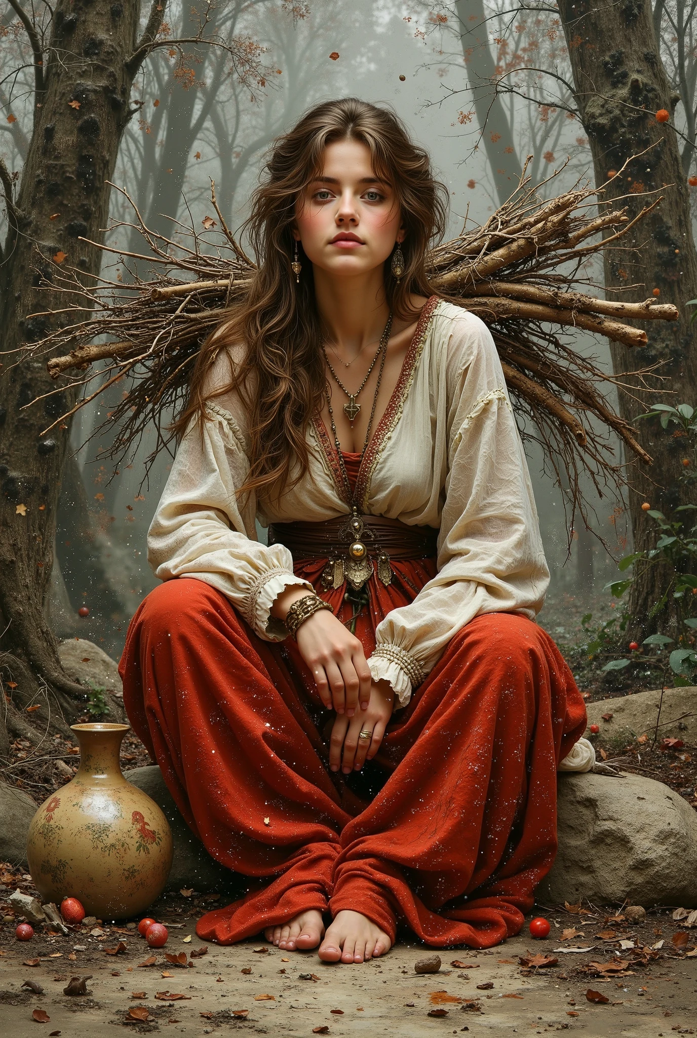 created a painting with oil painting with huge details , In the style of the artist Leonardo Davinci , The art of the era of European Renaissance , A fully detailed painting of a beautiful Moroccan Berber girl ( 20 years old ) She has large pieces of dry tree branches on her back. She sits on a rock in the middle of the forest trees. She has a chicken between her arms. She has long brown hair spread over her shoulders. She wears traditional transparent and ornate Berber clothes. She wears a vase on her waist and the background is blurry. The picture seems cinematic. The angle of view is not taken in front of the girl ( The full picture of the girl inside the frame and the view from the front )