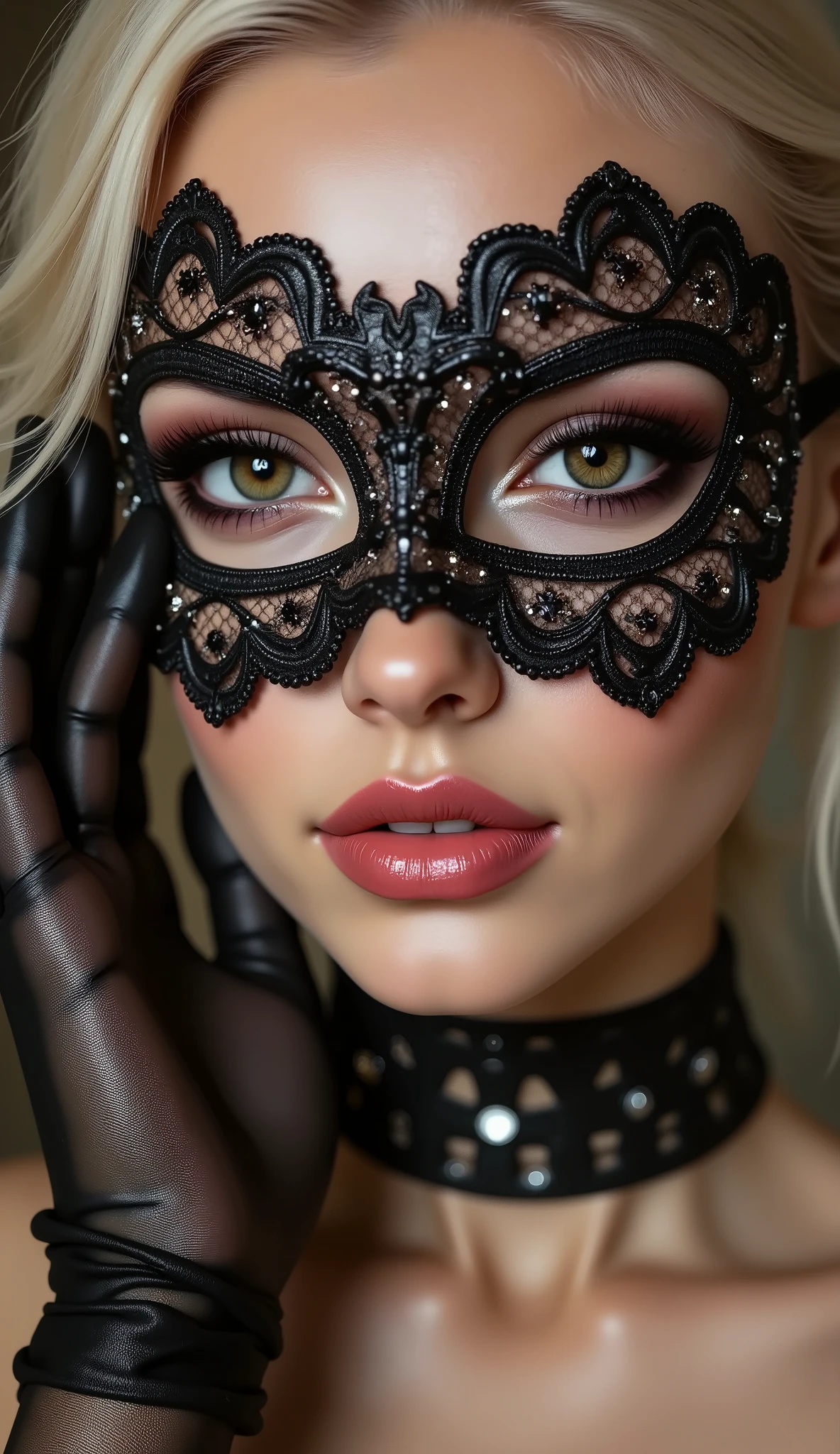  A woman getting ready for a masquerade ball, Put on the mesh eye mask you wear to a masquerade ball, A mask with beautiful glittering decorations, Put on the mask, I see women, Hands and ((firm and full breasts:1.4)) are shown, Illustration of a masquerade ball, Expressive details, Artilove blow style, Bar scene , Ultra-realistic (photorealistic Realism), (ultra realistic texture details: velvety skin, hair), (Key Directive: - "The priority is the anatomical accuracy and texture of the materials" - "Ultra-sharp human eyes with biological accuracy"). ((sharp focus, not blurry eyes, high resolution, Realistic brown_eyes:1.4) intricate details:1.3),((extremely fine details eyes)),(extra narrow eyebrows),(extremely fine details of iris:1.3),((Vibrant eye digital art:delicately painted in mesmerizing array of colors:1.2))" wearing makeup: - "(professional pink_makeup:1.2),(Thin eyebrows),Carefully draw Long eyelashes:1.2,((perfect dark_eyeshadows:1.3)),detailed lips:1.3,(apply glossy red_lipstick:1.3)" beautiful cheekbones, ((well-muscled body:1.3)) dark blonde hair (very short hair, slicked to one side) intricately details) (Post-Processing: - "Frequency separation for skin vs eye details" - "Selective sharpening: eyes180% , hair150%"- "shiny skin floats below the waist"nail/[black see-through gloves & elegant mesh gloves], "white teeth, oiled skin. no blur sharp focus on all body" 