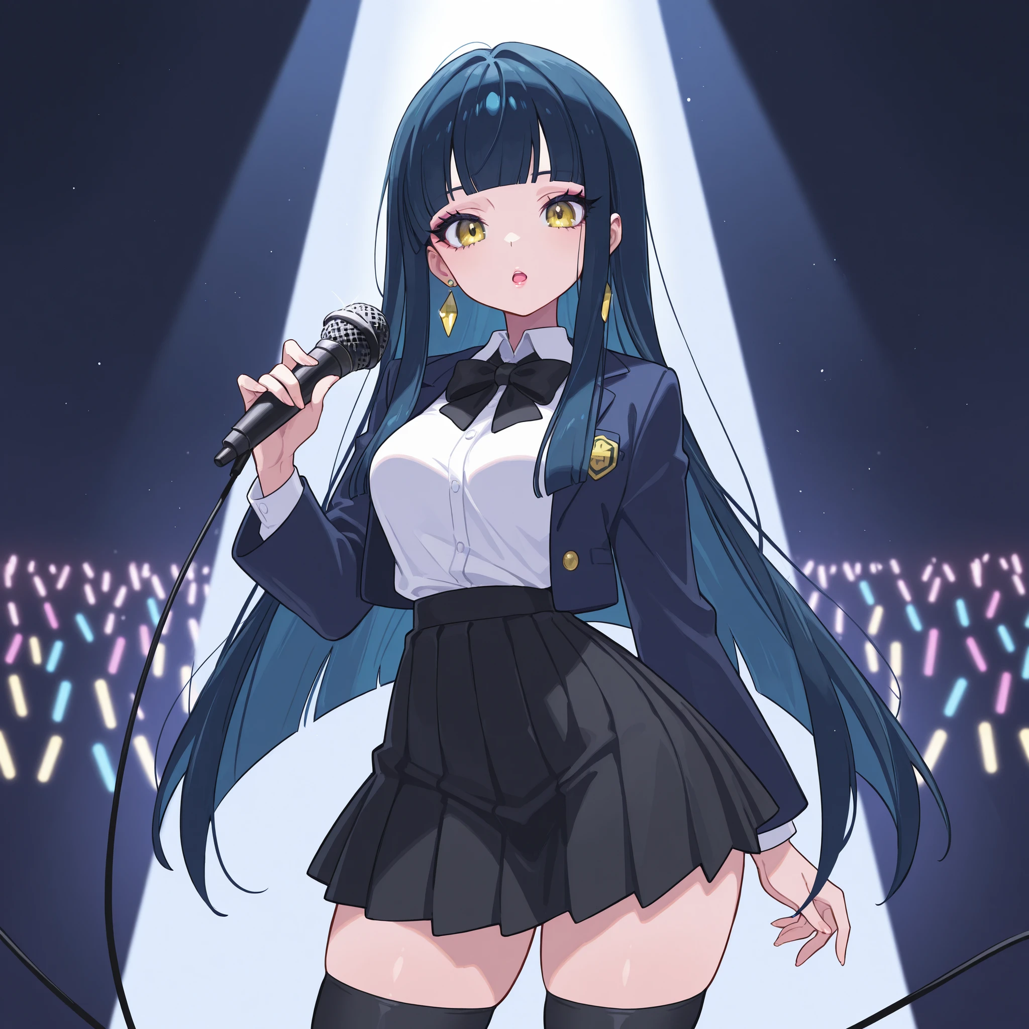 masterpiece, ultra-HD, impressionism, high detail, best quality, very aesthetic, 8K, best quality, beautiful, ultra-high resolution, 32K UHD, sugimorixd, 1girl, solo, long straight dark blue hair, loose hair, blunt bangs, locks, yellow eyes, eyelashes, eyeliner, pink lips, medium breasts, narrow waist, wide hips, thick thighs, shapely legs, slim, white blouse, dark blue jacket, black pleated skirt, shirt collar, black bowtie, earrings, black thigh high socks, blushed, expressionless, open mouth, cute, holding a microphone, standing, looking at viewer, stage background, from the front view