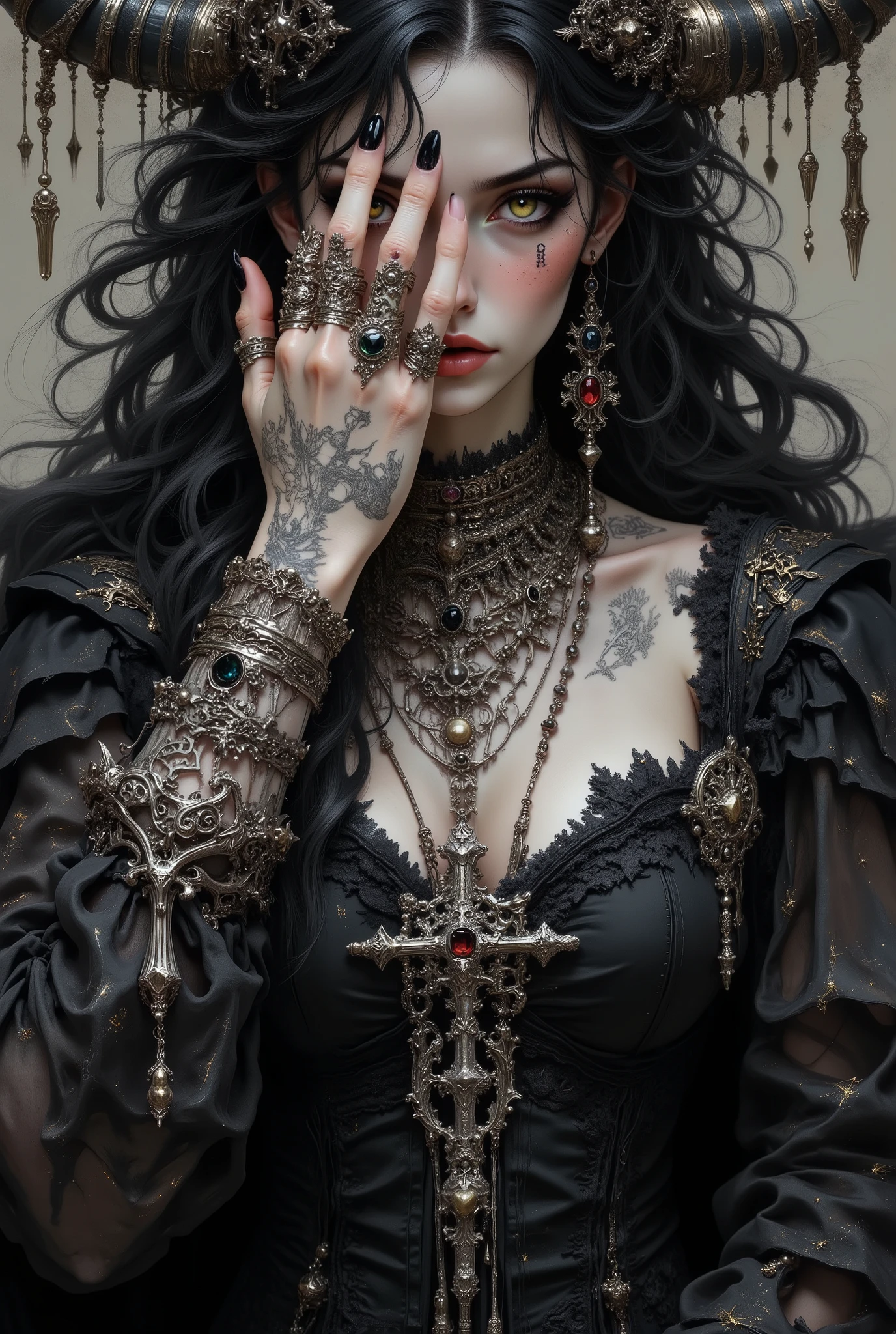SharpL1nes, (amazing transcendental's dream:3.5) The photo depicts a powerful gothic sorceress, her face partially hidden by her elegantly adorned hand. She has pale, slender fingers, on which several silver magical rings, set with dark gemstones like onyx and amethyst, glimmer. Her hand is decorated with mysterious tattoos that seem to pulse with a dark energy.She wears a gothic ensemble, a black velvet dress richly embroidered with occult patterns. Her long black hair frames her pale face, and her eyes, accentuated with dark makeup, shine with an intense light. Large silver necklaces, with pendants shaped like crosses and ancient symbols, rest on her chest. The background is misty, with shadows dancing around her, enhancing the mystical and sinister atmosphere of the scene, (maximum ultra high definition image quality and rendering:3), maximum image detail, maximum realistic render, (((ultra realist style))), realist side lighting, , 8K high definition, realist soft lighting,
