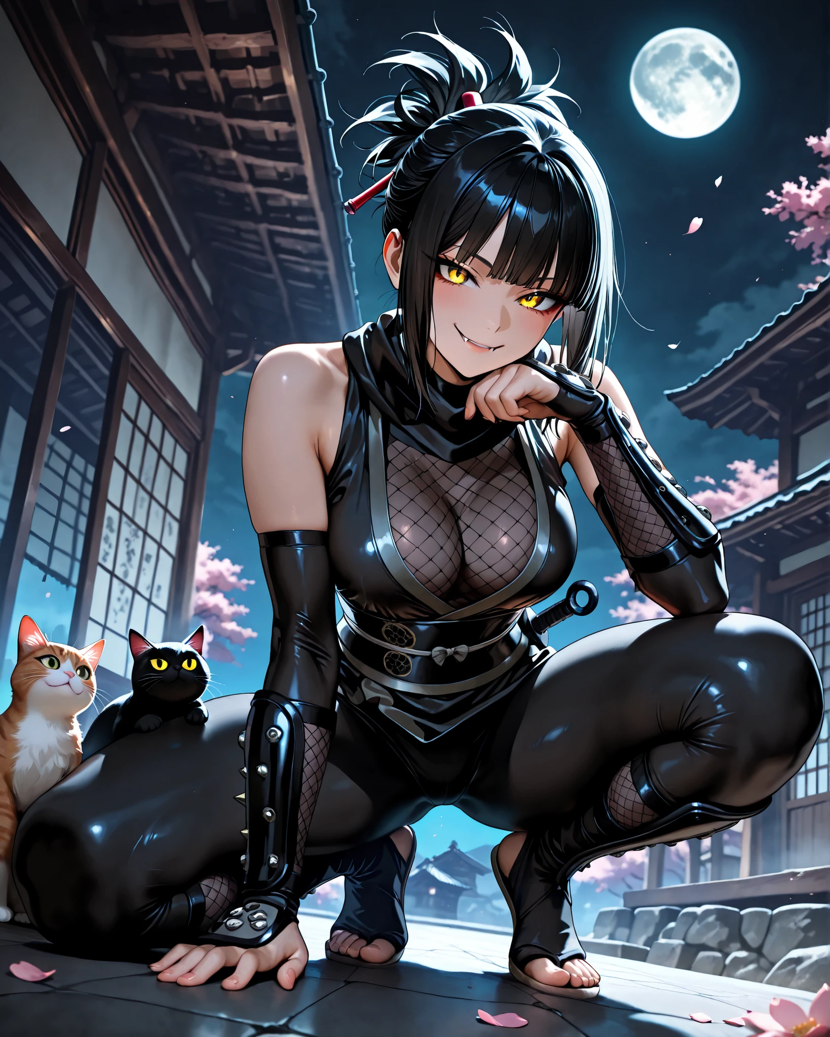 front angle, (masterpiece, 4k, ultra detailed, vivid colors), {1woman}: (a beautiful and attractive woman, short black hair all spiky, yellow eyes with irises like a cat, wearing a black ninja outfit, crouched with one hand resting on the ground and the other raised holding a kunai, determined look showing her fangs in a mischievous smile), on top of a roof of a Japanese-style house, sakura petals falling gently, on a night where the moon shining in the background illuminates everything perfectly and creates shadows
