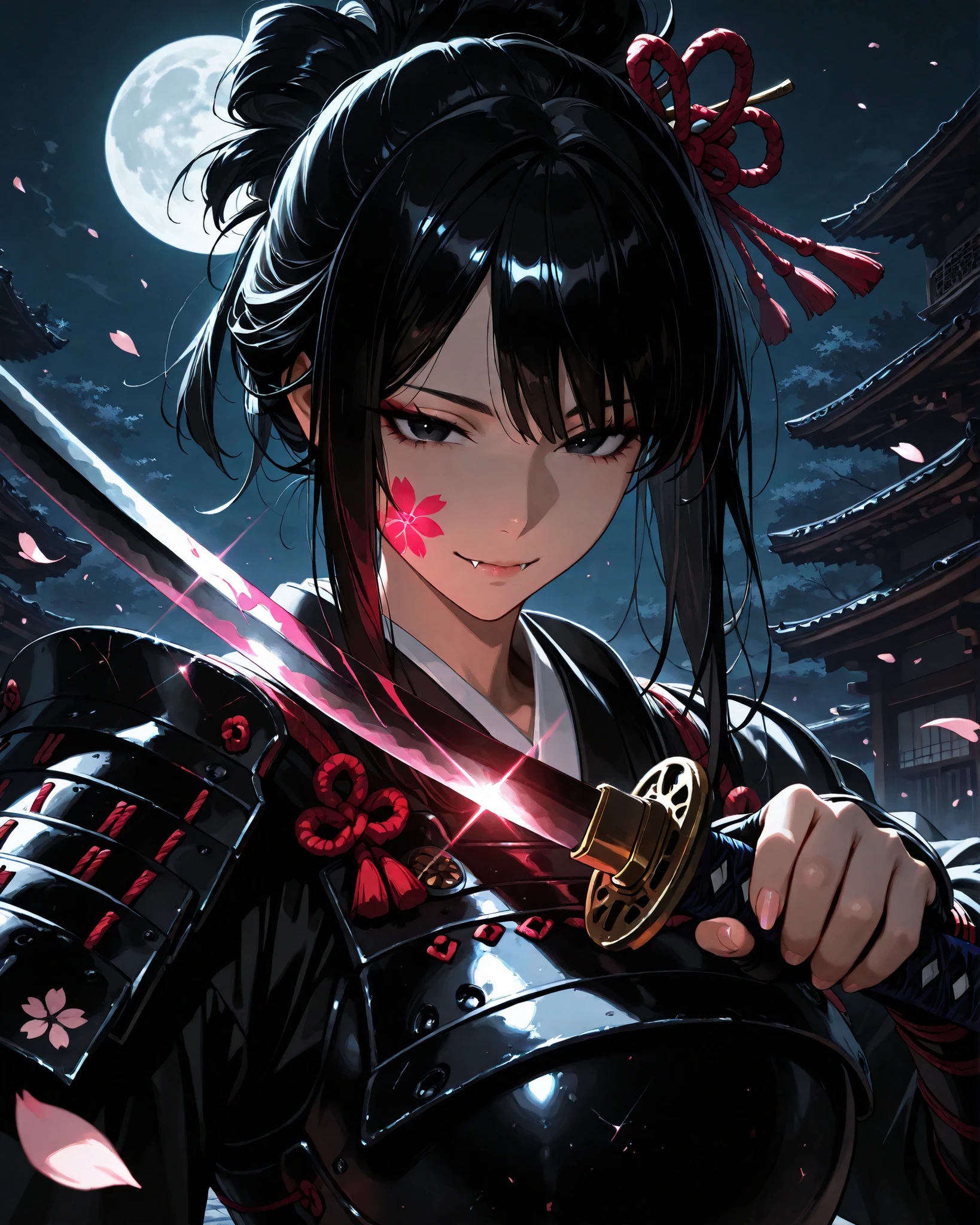  front angle, extreme close-up, (masterpiece, 4k, ultra detailed, vivid colors), {1woman}: (a beautiful and attractive woman, with long black hair in a wild hairstyle, black eyes, wearing incomplete samurai armor on her body, holding her katana in her hand, katana blade in front of her face, half-smile showing her fangs), at night, sakura petals falling gently, the moon shining in the background illuminating everything perfectly and creating shadows
