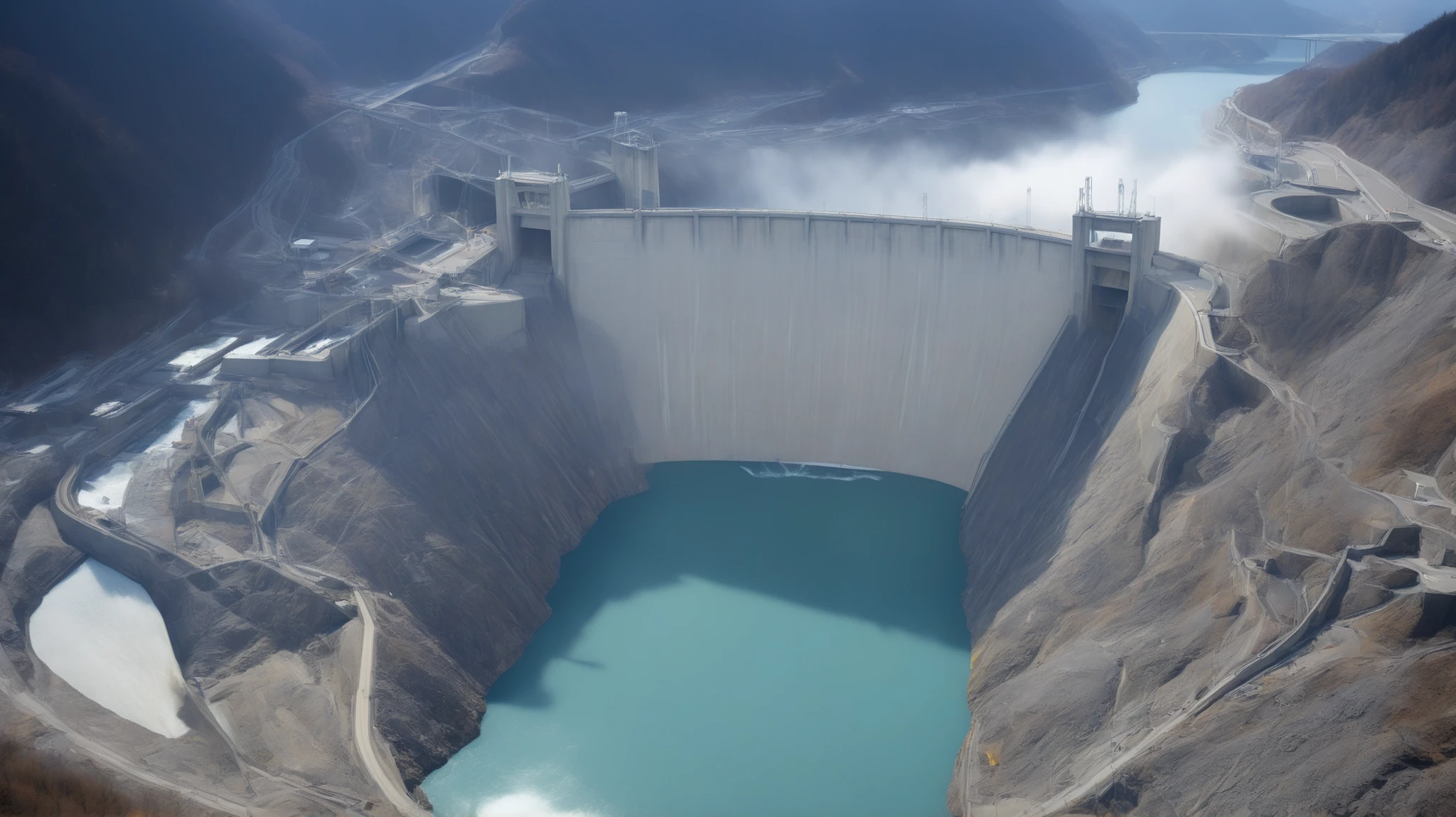 8k,Ultra Hi-Res:high resolution image、(realistic expression:1.5),Toyama Prefecture、(the huge Kurobe dam that was completed:1.5)、(Hoover Dam's elegance and treatment:1.5),(The huge Kurobe Arch Dam that was completed:1.5),(teeth、is flowing like fog from the 186-meter-high gravity combine dam:1.5),(The majestic atmosphere of the supermassive structure:1.5),(Image taken from above:1.5),(ダムの底にteeth水力発電所があります:1.5),dammed up the Kurobe River、The dam lake's water storage capacity is now full,(The exterior of the majestic dam:1.5)、(Mega Structure:1.5),(The center of the dam2point:1.5),(the huge Kurobe dam that was completed:1.5),(the huge Kurobe dam that was completed:1.5),