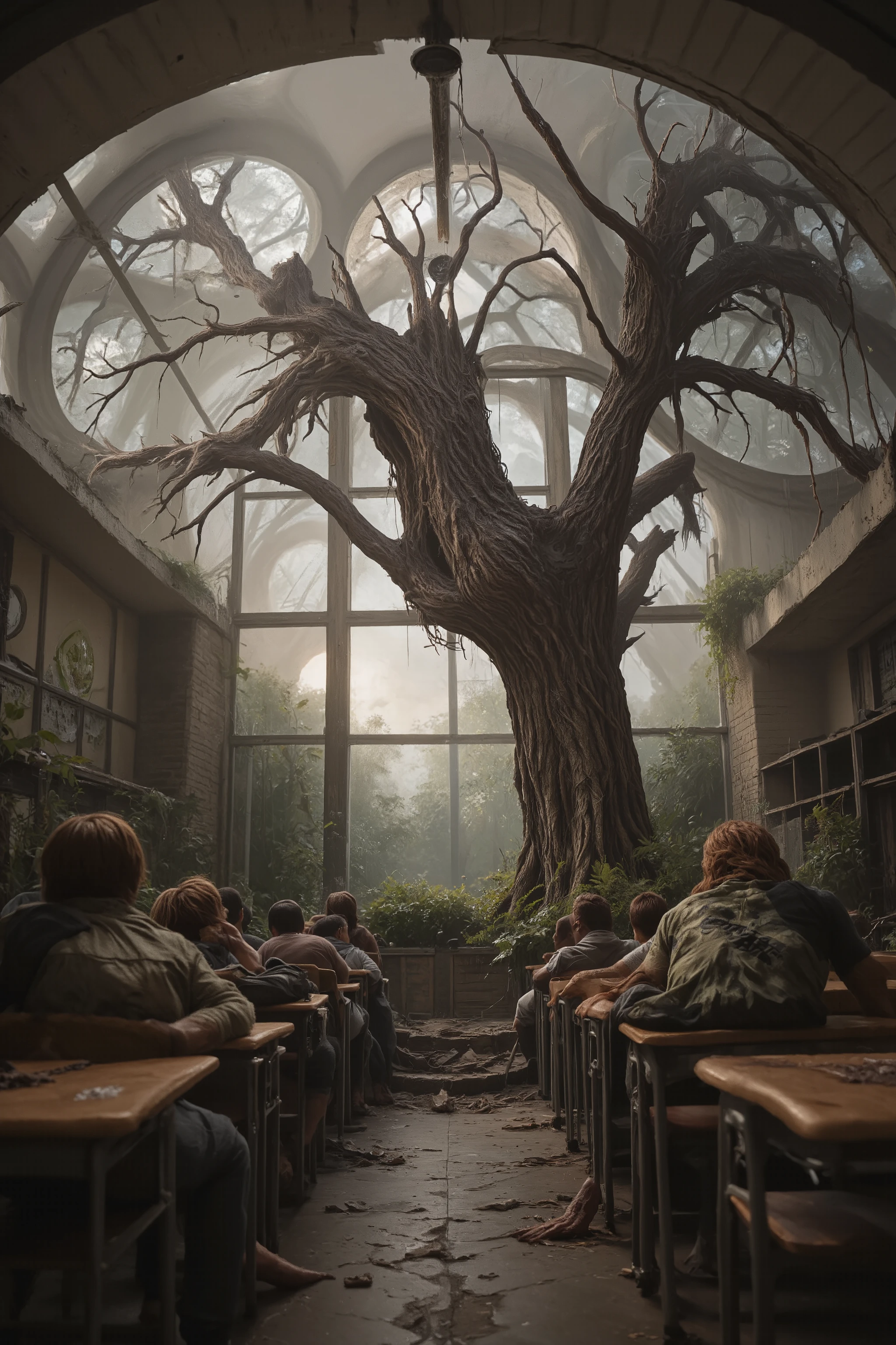Post-Apocalyptic School - Zombies roam the campus, mutant plants overrun classrooms—how will you and your crew survive here? , ray tracing, 32K, HDR, UHD, cinematic, masterpiece, award-winning