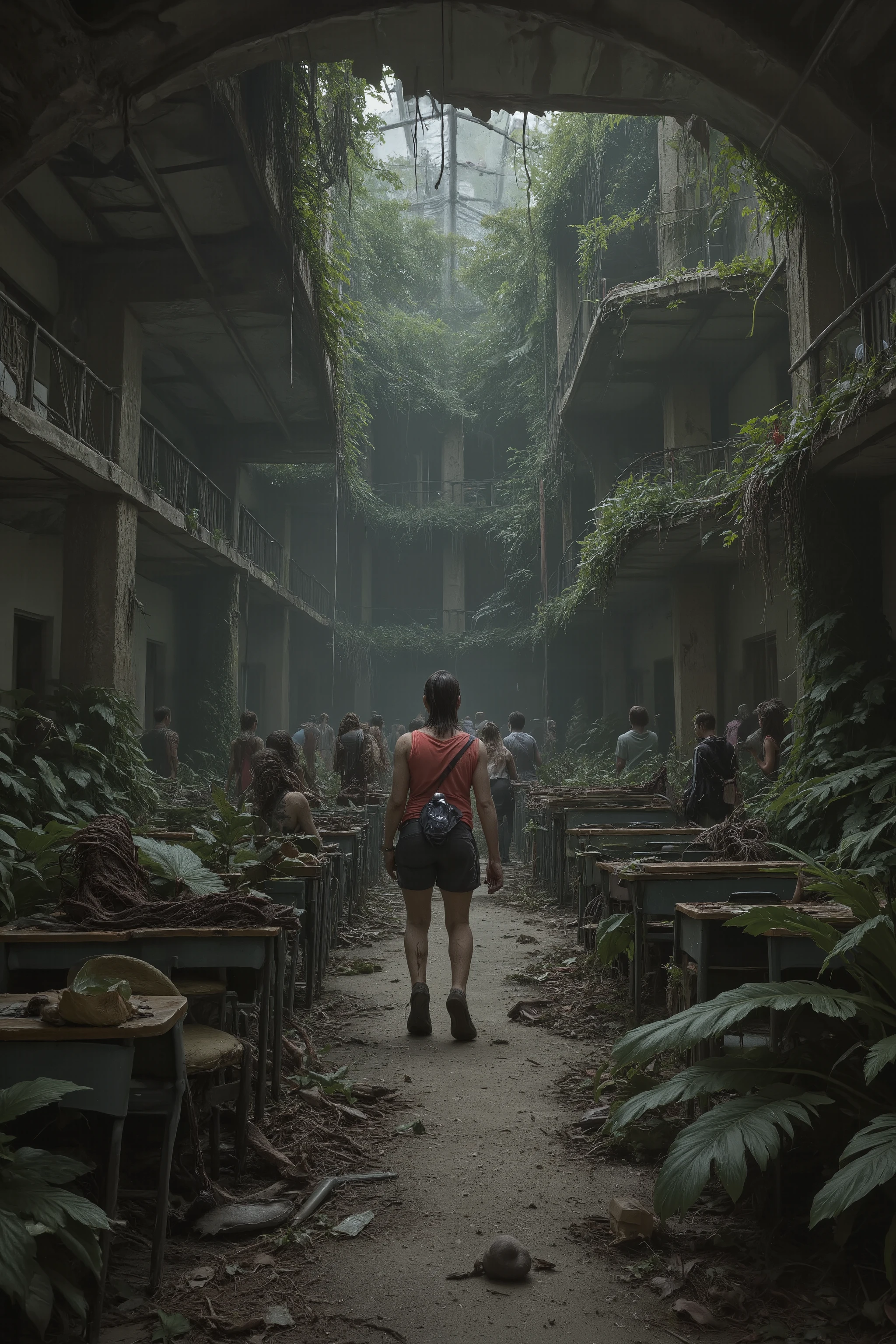 Post-Apocalyptic School - Zombies roam the campus, mutant plants overrun classrooms—how will you and your crew survive here? , ray tracing, 32K, HDR, UHD, cinematic, masterpiece, award-winning