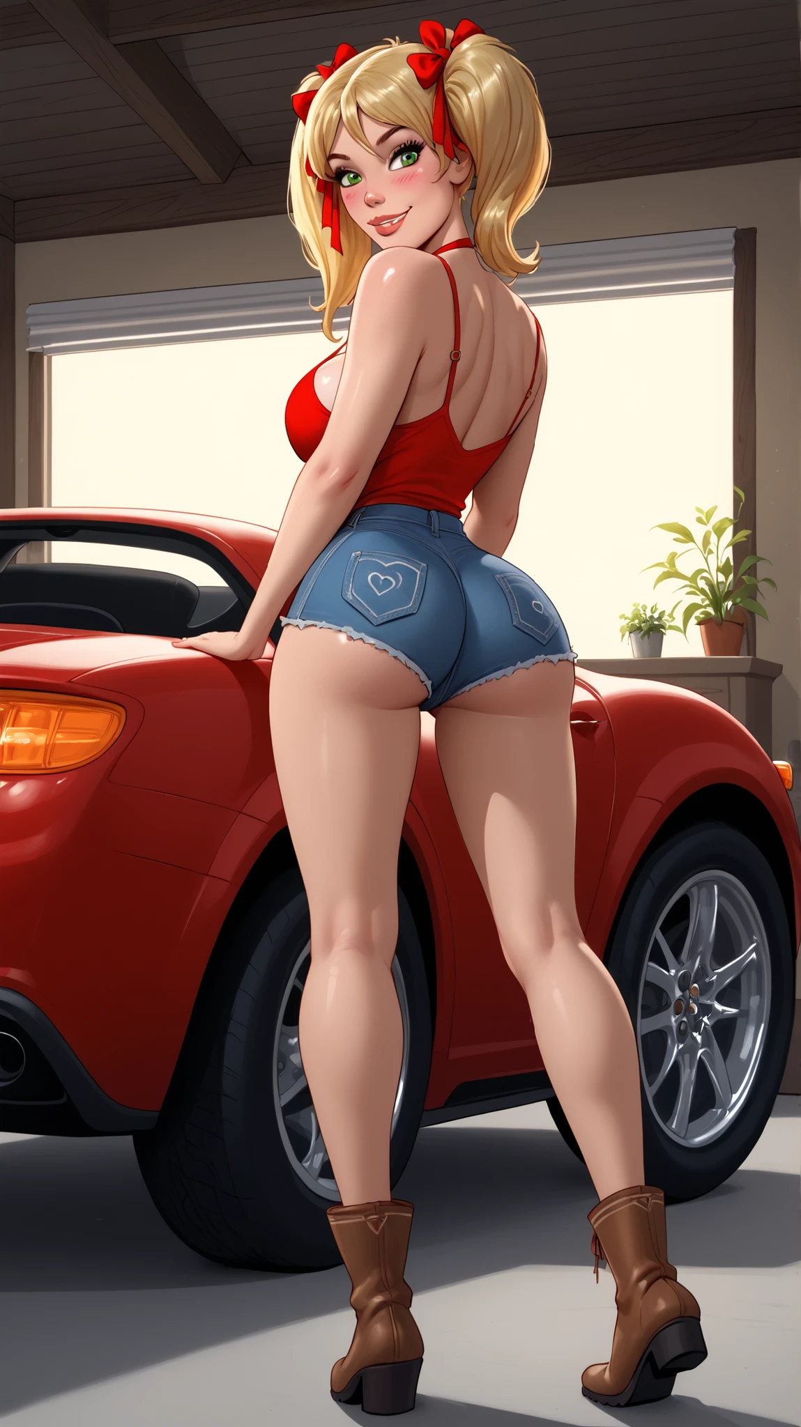 score_9, score_8_up, score_7_up, masterpiece, high quality, A drawing of Mandy by Dean Yeagle, half bangs, twintails, pigtails with red bows, huge round , plump lips, cute face, slim petite bombshell body, alluring, seducing, attractive, faded green eyes, shiny skin, solo, blushing, pose, wide , (detailed car garage background), beautiful daylight, folded pose, (in the office), garage interior, back view, denim shorts, smirk, view from her back, (close up view of her ), croped tied button down blouse, boots, long legs, straight legs,