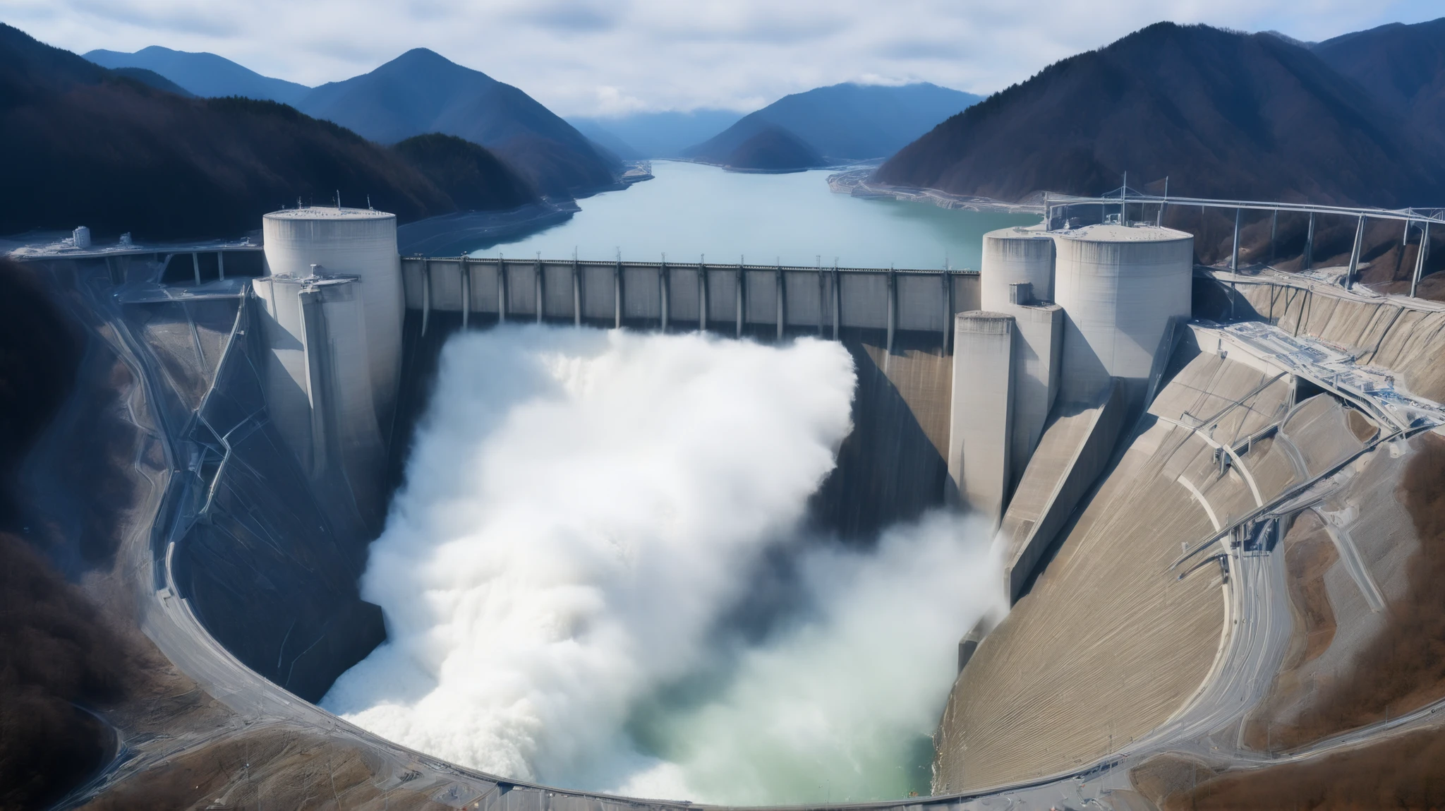 8k,Ultra Hi-Res:high resolution image、(realistic expression:1.5),Toyama Prefecture、(the huge Kurobe dam that was completed:1.5)、(The elegance and treatment of Kurobe dam:1.5),(The huge Kurobe Arch Dam that was completed:1.5),(teeth、is flowing like fog from the 186-meter-high gravity combine dam:1.5),(The majestic atmosphere of the supermassive structure:1.5),(Image taken from above:1.5),(ダムの底にteeth水力発電所があります:1.5),dammed up the Kurobe River、The dam lake's water storage capacity is now full,(The exterior of the majestic dam:1.5)、(Mega Structure:1.5),(The center of the dam２point:1.5),(the huge Kurobe dam that was completed:1.5),(the huge Kurobe dam that was completed:1.5),