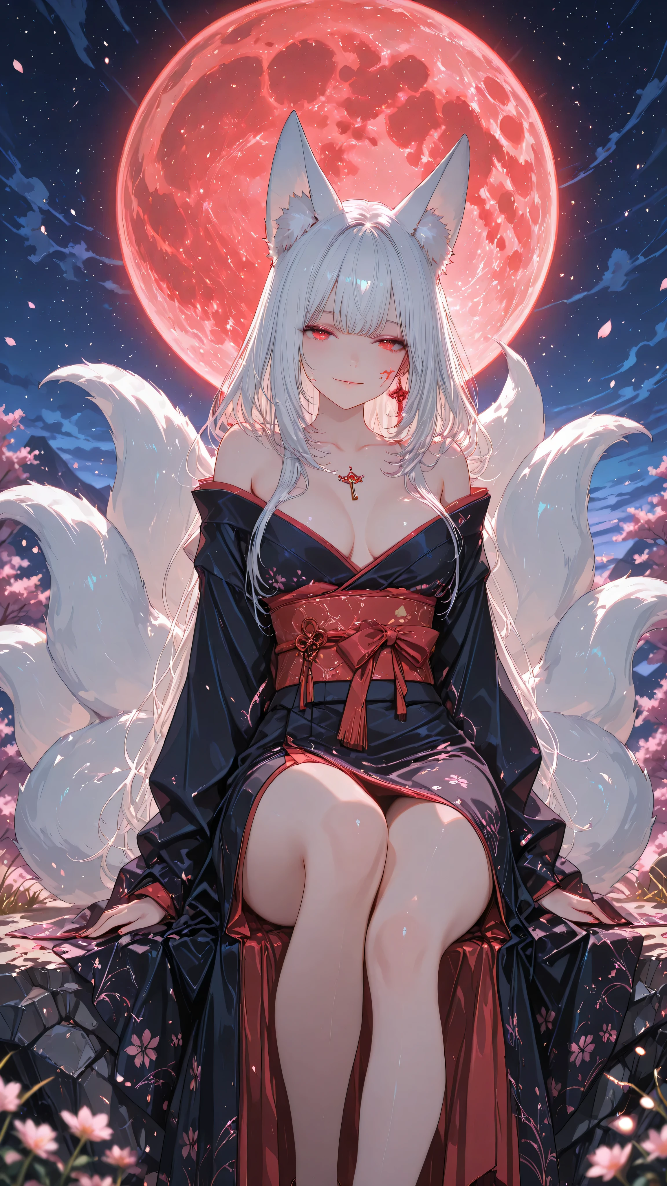 (masterpiece, better quality, ultra-detailed, anime illustration, official art, resolution 8k: 1.3) anime key image: 1 beautiful young woman with kitsune ears and nine gorgeous tails(long snow-white hair, snow-white ears, snow-white tails)anime key image, 1 kitsune (nine-tailed: 1.3), depicting a huge blood moon, the moon is extremely detailed, with visible craters, glowing with internal light,she is wearing a black kimono that reveals her collarbone and shoulders(seductive), the blood moon glows with a magical inner light, illuminating her fur, reflecting moonlight, looking at the viewer, on face a cunning smile, sitting on a pointed on the edge of a cliff on a starry night, sakura petals, fluttering in the wind, overdetailed, sharp focus, depth of field, cinematic lighting, the style of Makoto Shinkaya and Studio Ghibli are all trending on artstation.