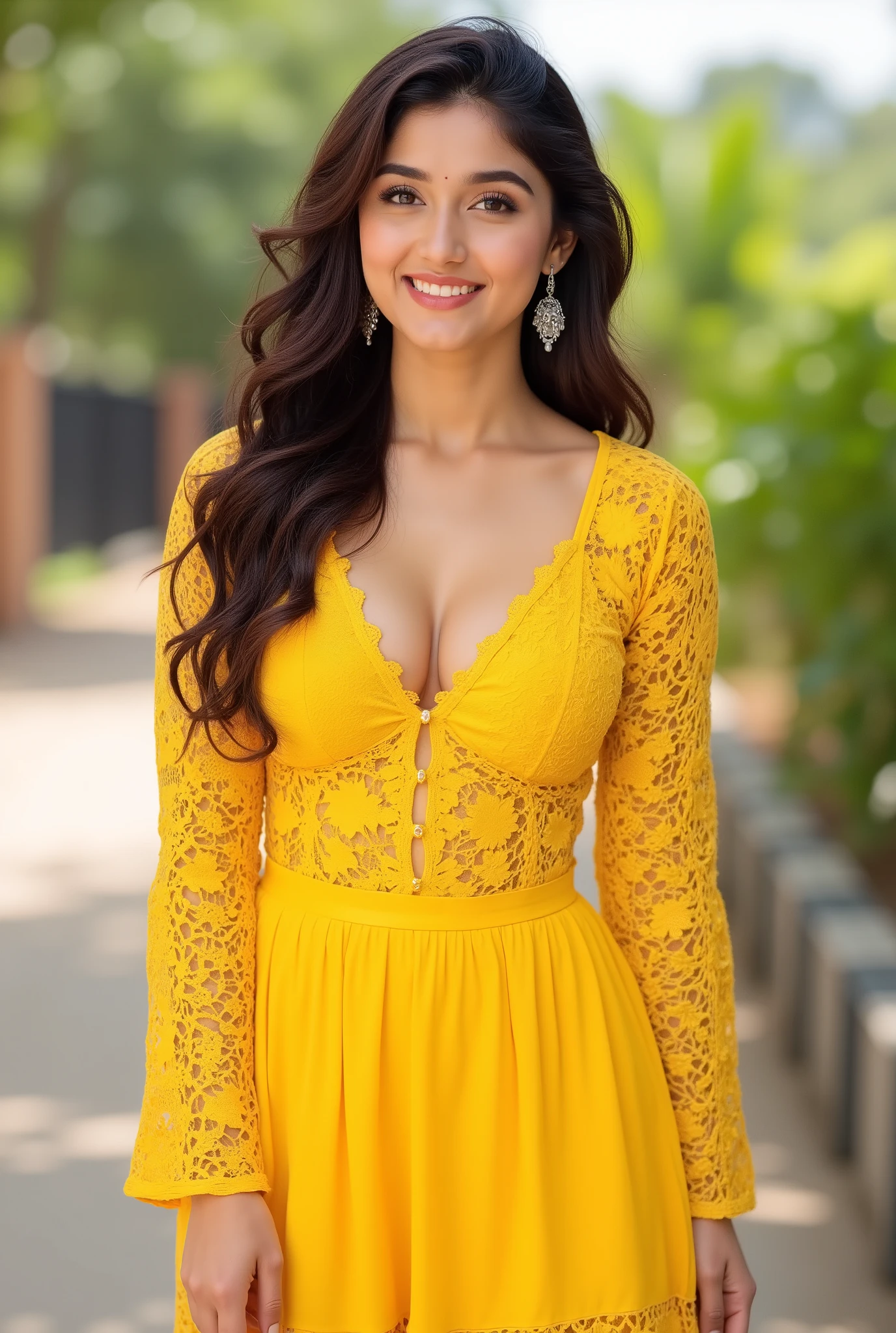 anaswarasdxl, ashk, Full body image of a 20 year old Indian girl with smiling look, fair skin tone, light grey eyes, fox eyelashes, thin eyebrows, black eye liner, silver eyeshadow, natural blush, and red lipstick. Her hairs are long, brown, wavy and stylish. She is wearing a yellow hollow-out crochet mini dress with full sleeves, and earrings. She is standing outdoors in a stylish pose. Photorealistic, ultra realistic, detailed skin, soft lighting, ultra-detailed textures, 8K resolution, masterpiece.