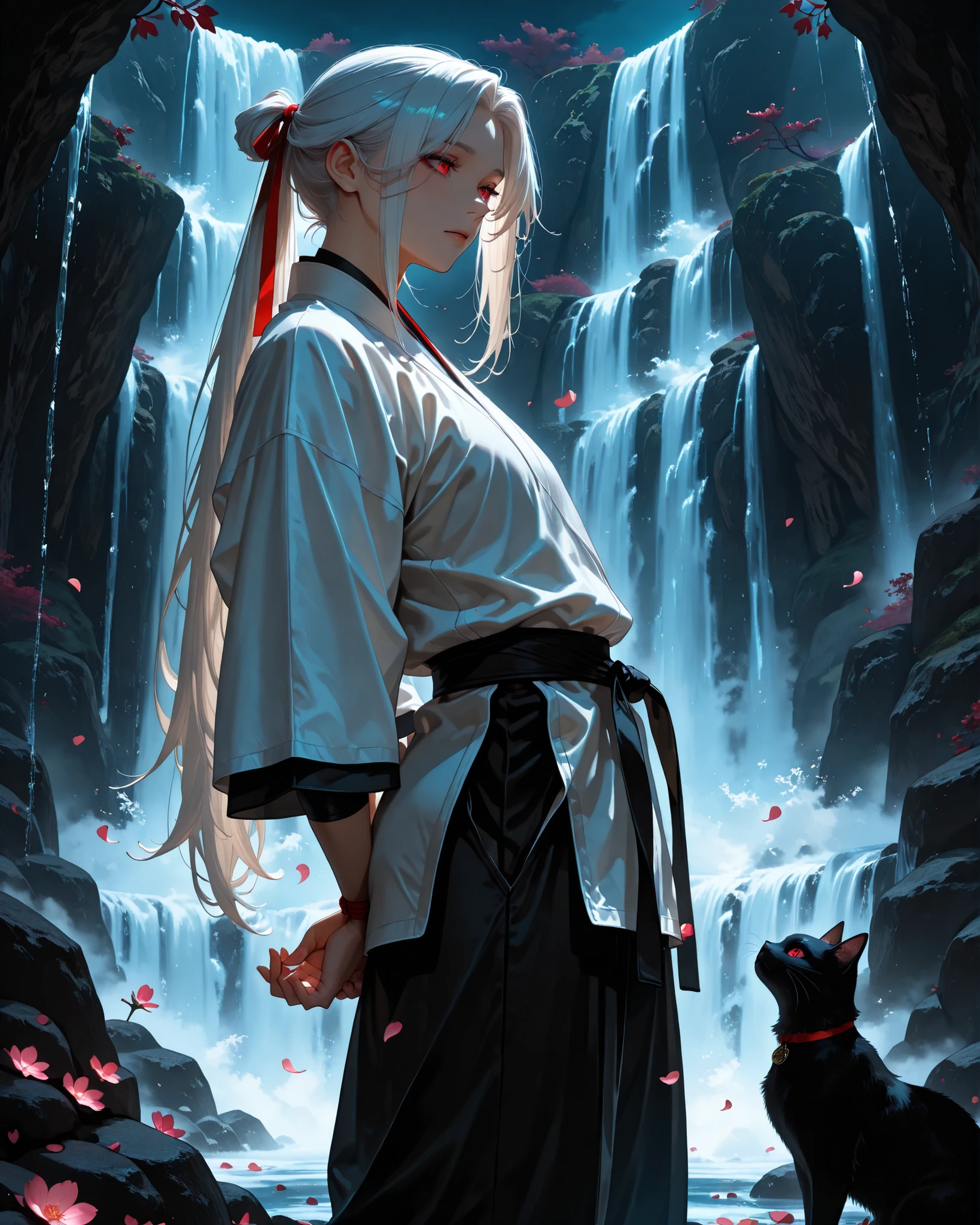 side angle, (masterpiece, 4k, ultra detailed, vivid colors), {1man}:(a handsome and attractive androgynous man, long white hair, red eyes with irises like a cat, wearing a traditional white Japanese martial arts outfit, standing with both hands behind his back), solo, at night, on top of a waterfall, sakura petals gently falling, on a night where the moon shining in the background illuminates everything perfectly and creates shadows