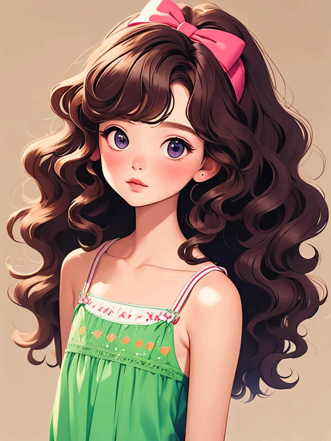 (masterpiece, Highest Quality:1.2), little girl，short height，skinny，smaller，Alone，apply to wavy hair， light and fluffy long hair，bow headband，camisole，details，clean background，Bokeh，depth of subject，
