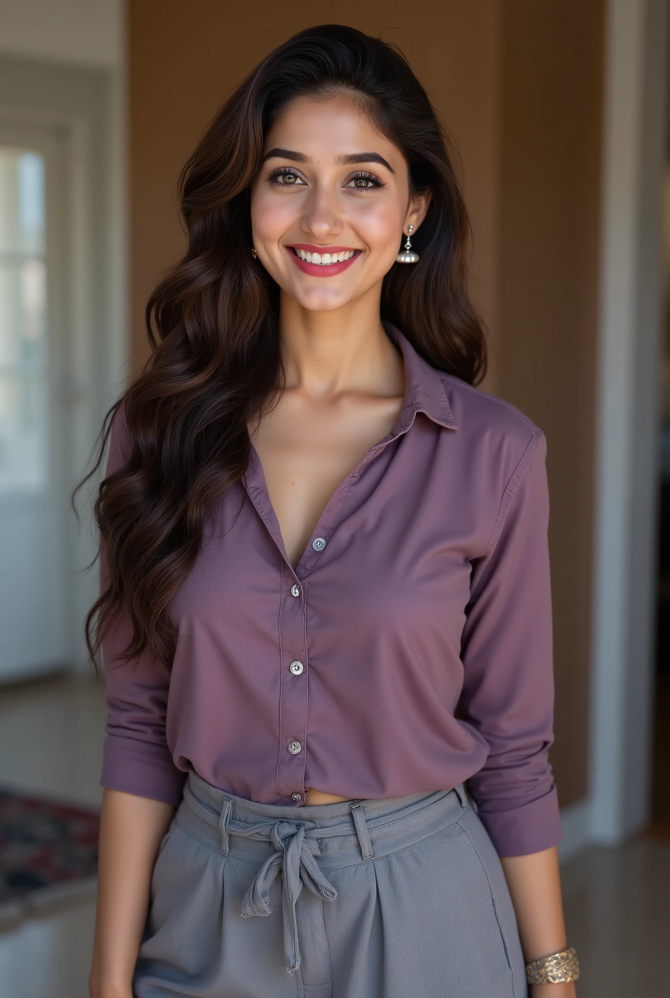 anaswarasdxl, ashk, Full body image of a 20 year old Indian girl with smiling look, fair skin tone, light grey eyes, fox eyelashes, thin eyebrows, black eye liner, silver eyeshadow, natural blush, and red lipstick. Her hairs are long, brown, wavy and stylish. She is wearing a dusty purple shirt, grey pants and earrings. She is standing indoors in a stylish pose. Photorealistic, ultra realistic, detailed skin, soft lighting, ultra-detailed textures, 8K resolution, masterpiece.