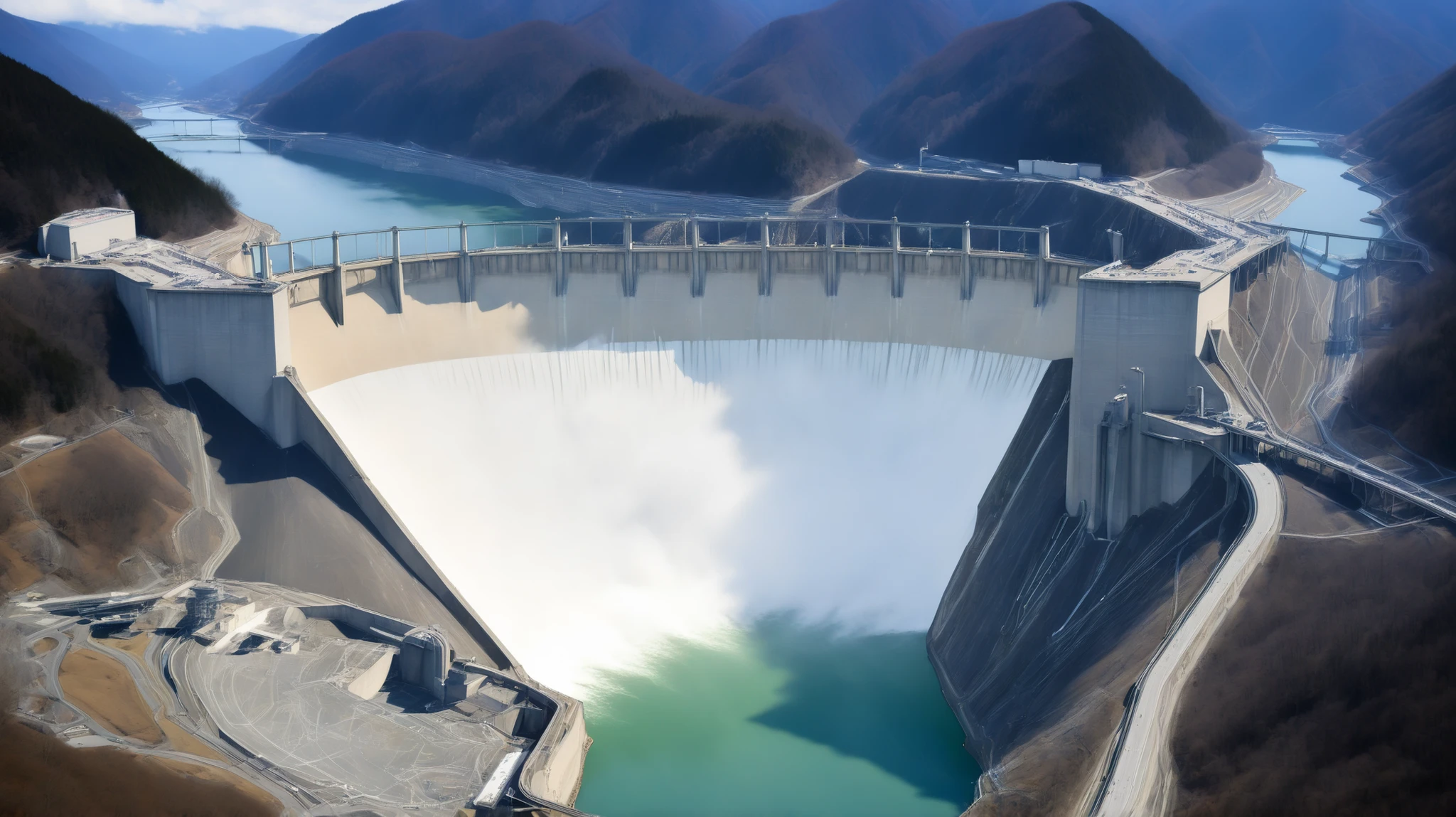 8k,Ultra Hi-Res:high resolution image、(realistic expression:1.5),Toyama Prefecture、(the huge Kurobe dam that was completed:1.5)、(The elegance and treatment of Kurobe dam:1.5),(The huge Kurobe Arch Dam that was completed:1.5),(teeth、It flows like fog from the 186-meter-high gravitational arch dam:1.5),(The majestic atmosphere of the supermassive structure:1.5),(Image taken from above:1.5),(ダムの底にteeth水力発電所があります:1.5),dammed up the Kurobe River、The dam lake's water storage capacity is now full,(The exterior of the majestic dam:1.5)、(Mega Structure:1.5),(The center of the dam2point:1.5),(the huge Kurobe dam that was completed:1.5),(the huge Kurobe dam that was completed:1.5),