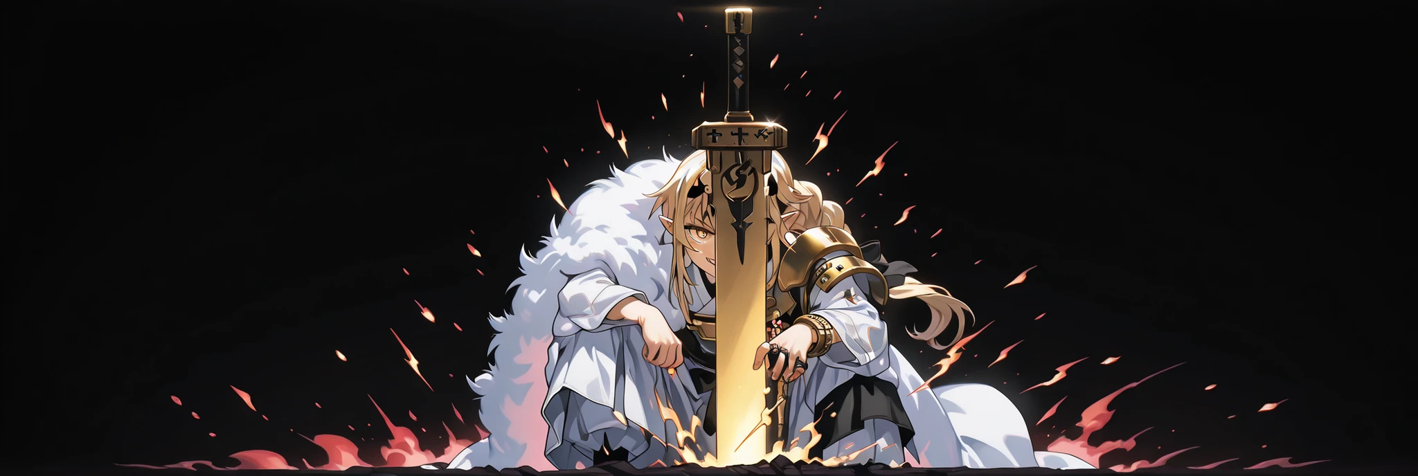 A short, solitary male character, a young teenager, about 1.5 meters tall. He stands alone against a deep black background, making him stand out vividly. His physique, face, and height are exactly like Lloyd de Saloum.
He has long blond hair, styled exactly like Alice Zuberg's from Sword Art Online, with a braid tied in the middle with a black ribbon before flowing freely. A black headband, identical to Alice Zuberg's, rests on his head. His golden eyes shine brightly. His expression is provocative and confident, marked by a bold, mocking smile. He has pointy ears and a golden monkey tail.
Outfit:
He wears an ornate white Chinese robe. Draped over his right shoulder is a flowing golden fur cloak (like Sesshoumaru’s), soft and radiant like a divine cloud, falling almost to the ground along his back. The cloak is fastened with gold medals and chains that cross to his left shoulder. He has a golden pauldron on his left shoulder with the design of an oni face.
Weapon:
In his right hand, he firmly grips a gigantic Japanese greatsword with a golden blade and black details on the blade with three black rings attached to the blade. The guard and hilt of the greatsword are black and there is dark energy emanating from the blade. He is holding the gigantic greatsword as if to attack.
In his left hand, he holds a ball of golden energy with glowing dots, radiating power.
Pose and Atmosphere:
He assumes a bold, dynamic battle stance, facing the viewer directly with a playful yet arrogant look. His left hand conjures a golden sphere of energy streaked with glowing red sparks, radiating raw power.
Atmosphere and Style:
Male character, youthful energy.
Ultra-detailed, sharp, clean anime style. Deep black background with cinematic lighting accentuating his short stature and powerful aura. Golden jeweled earrings glimmer in the light.
The character is a boy. The character is male. The character is male.