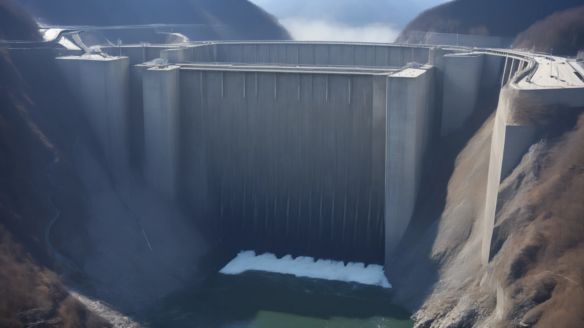 8k,ultra highres:high-definition images、(realistic expression:1.5),Toyama Prefecture、(the huge Kurobe dam that was completed:1.5)、(Hoover Damの性格な構造と配置:1.5),(is flowing like fog from the 186 meter-high gravity combine dam:1.5),(The majestic atmosphere of a supermassive structure:1.5),(Image taken from above:1.5),(There is a hydroelectric power station at the bottom of the dam:1.5),dammed the Kurobe River、the dam lake's water storage volume is full,(The exterior of the majestic dam:1.5)、(mega structure:1.5),(The center of the dam2point:1.5),