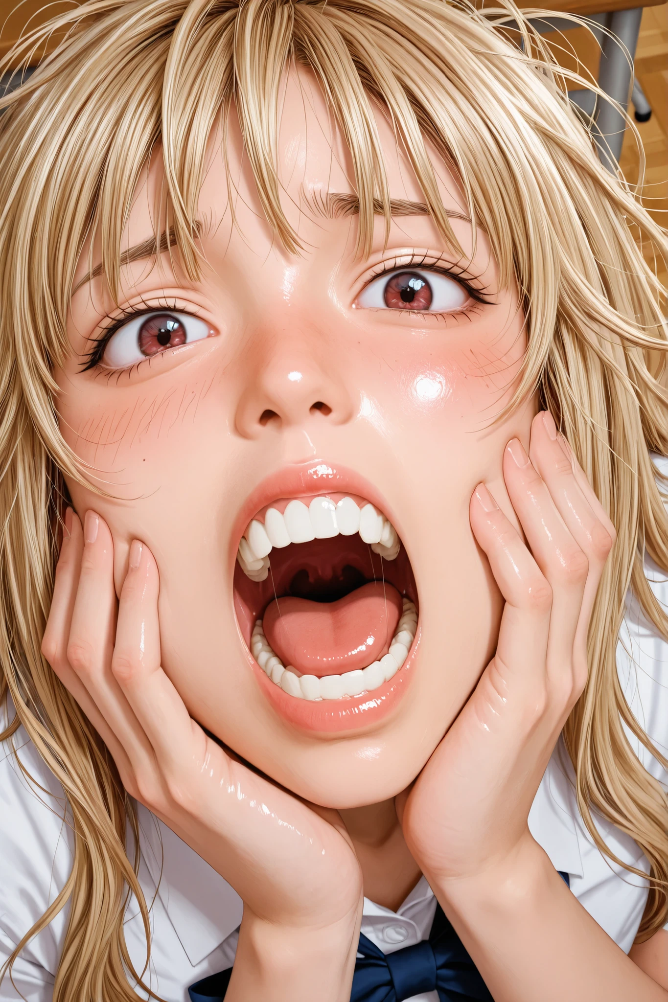 Shining classroom, cry screaming highschool girl, photographic of girl, face close up, from above, messy hair, oily skin,