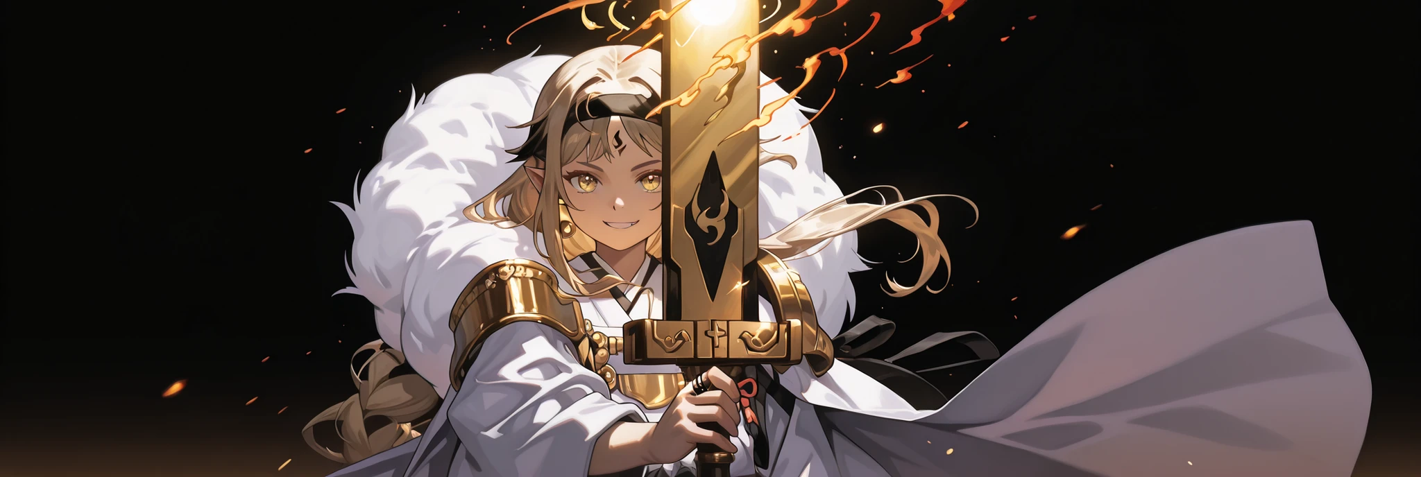 A short, solitary male character, a young teenager, about 1.5 meters tall. He stands alone against a deep black background, making him stand out vividly. His physique, face, and height are exactly like Lloyd de Saloum.

He has long blond hair, styled exactly like Alice Zuberg's from Sword Art Online, with a braid tied in the middle with a black ribbon before flowing freely. A black headband, identical to Alice Zuberg's, rests on his head. His golden eyes shine brightly. His expression is provocative and confident, marked by a bold, mocking smile. He has pointy ears and a golden monkey tail.

Outfit:
He wears an ornate white Chinese robe. Over his right shoulder is a flowing golden fur cape (like Sesshoumaru's, but in a soft, light gold hue), soft and radiant like a divine cloud, falling almost to the ground along his back. The cloak is fastened with gold medals and chains that cross to his left shoulder. He has a golden pauldron on his left shoulder with the design of an oni face.

Weapon:
In his right hand, he firmly grips a gigantic Japanese greatsword with a golden blade and black details on the blade with three black rings attached to the blade. The guard and hilt of the greatsword are black and there is dark energy emanating from the blade. He is holding the gigantic greatsword as if to attack.

In his left hand, he holds a ball of golden energy with glowing dots, radiating power.

Pose and Atmosphere:
He assumes a bold, dynamic battle stance, facing the viewer directly with a playful yet arrogant look. His left hand conjures a golden sphere of energy streaked with glowing red sparks, radiating raw power.

Atmosphere and Style:
Male character, youthful energy.
Ultra-detailed, sharp, clean anime style. Deep black background with cinematic lighting accentuating his short stature and powerful aura. Golden jeweled earrings glimmer in the light.

The character is a boy. The character is male. The character is male.