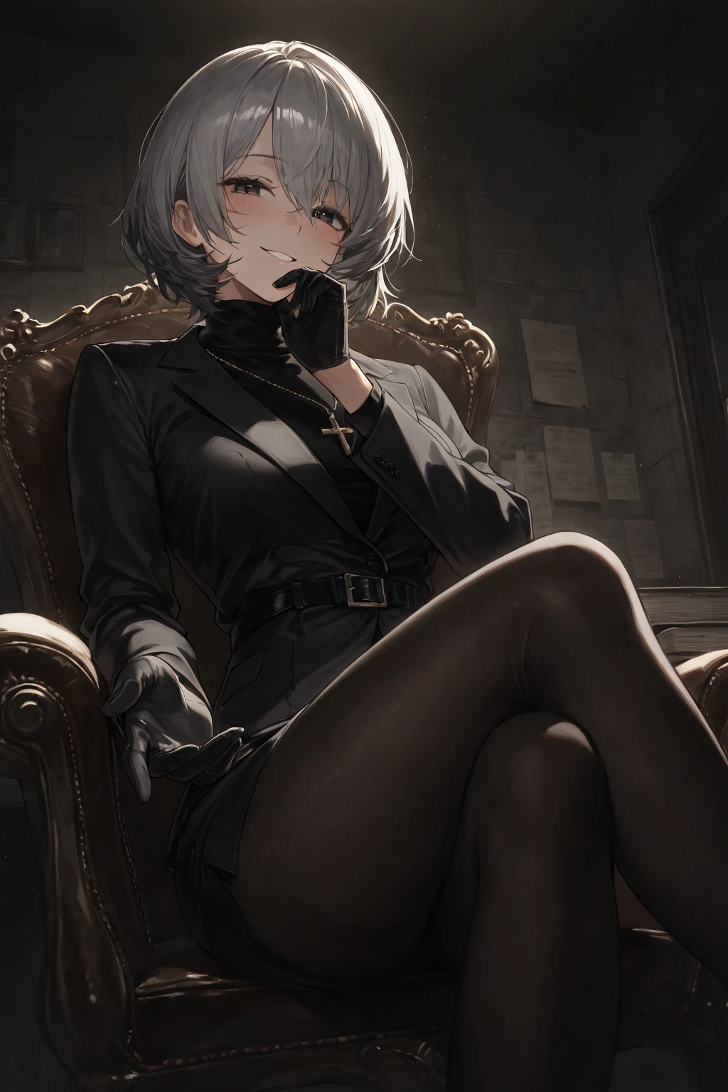 Vittorio_Veneto \(warship girls r\),((masterpiece)),(((best quality))),((ultra-detailed)),((illustration)),((disheveled hair)),((frills)),black leather rider jacket,office in the dark,Fingertips of black leather gloves on both hands,wearing black leather gloves,sitting in a black leather chair,Japanese female new employee (black leather gloves cover both hands) (The angle is horizontal),black leather leather pants,black leather black leather pants,black leather skinny pants,Long black leather boots on both feet,((He wears black leather gloves on his hands))Full body photo,full body shot full body full body leather suit,☺If you turn in this direction,wearing black leather gloves,wearing black leather gloves,wearing black leather gloves,wearing black leather gloves,wearing black leather gloves,wearing black leather gloves,Red eyes with highlights,White short hair(delicate eyes),twintails,