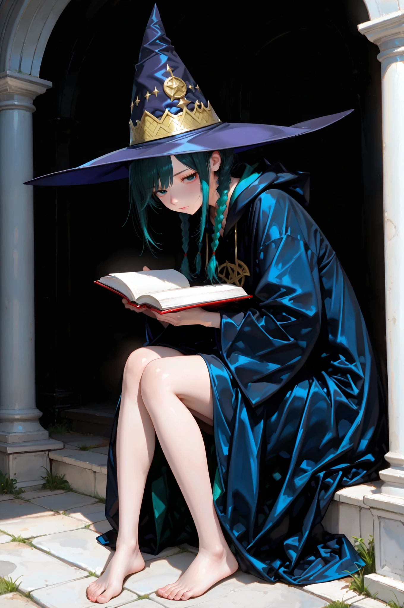 (very delicate and beautiful, masterpiece, Highest品質, Super Detailed, 超high resolution, Newest, absurd: 1.2), Highest, 16k, ( semi-real : 1.4), self-proclaimed 「Witches」The lonely girl, Hairstyle: combines several thin braids、complex and asymmetrical style。, the color is deep green close to black、the tips are slightly curled。is generally messy、gives the impression of being unmaintained, Outfit: Wizard Hat, Wizard's Robe, child's body shape, has few emotional ups and downs、Always expressionless、Bored Expression, Lean forward while holding a thick book, color grading with a bright and refreshing atmosphere, soft light, cinematic lighting, Full Body, shot with a cinema lens, Shooting from knee height, absurd, high resolution