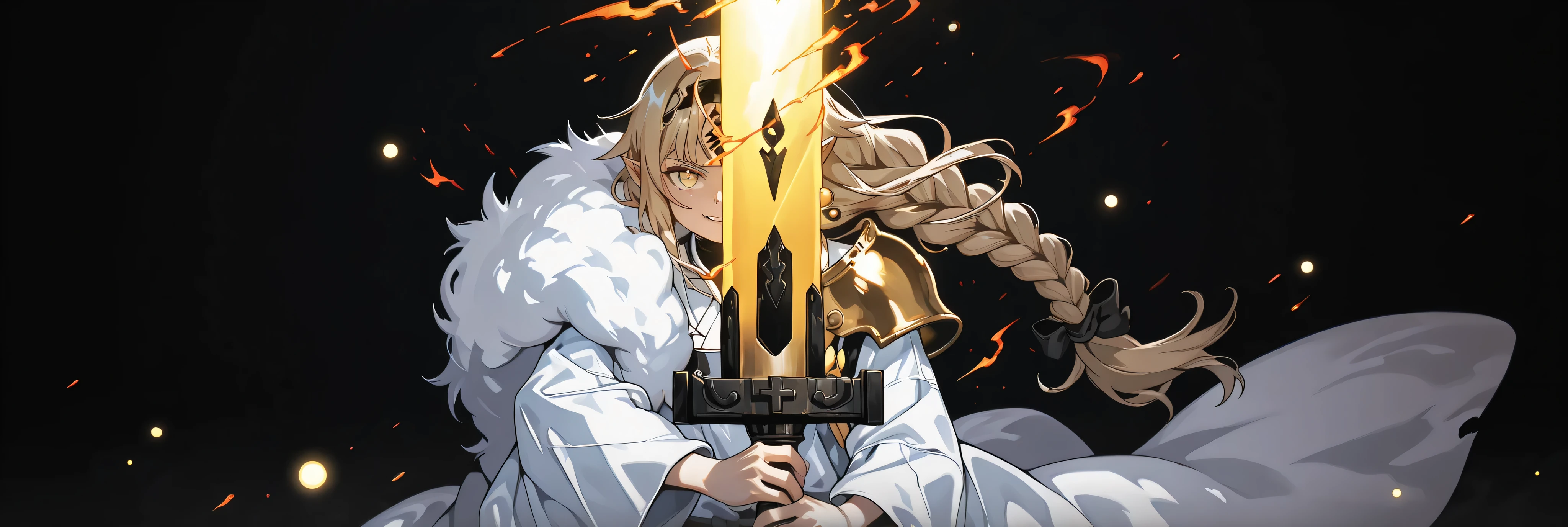 A short, solitary male character, a young teenager, about 1.5 meters tall. He stands alone against a deep black background, making him stand out vividly. His physique, face, and height are exactly like Lloyd de Saloum.
He has long blond hair, styled exactly like Alice Zuberg's from Sword Art Online, with a braid tied in the middle with a black ribbon before flowing freely. A black headband, identical to Alice Zuberg's, rests on his head. His golden eyes shine brightly. His expression is provocative and confident, marked by a bold, mocking smile. He has pointy ears and a golden monkey tail.
Outfit:
He wears an ornate white Chinese robe. Draped over his right shoulder is a flowing golden fur cloak (like Sesshoumaru’s), soft and radiant like a divine cloud, falling almost to the ground along his back. The cloak is fastened with gold medals and chains that cross to his left shoulder. He has a golden pauldron on his left shoulder with the design of an oni face.
Weapon:
In his right hand, he firmly grips a gigantic Japanese greatsword with a golden blade and black details on the blade with three black rings attached to the blade. The guard and hilt of the greatsword are black and there is dark energy emanating from the blade. He is holding the gigantic greatsword as if to attack.
In his left hand, he holds a ball of golden energy with glowing dots, radiating power.
Pose and Atmosphere:
He assumes a bold, dynamic battle stance, facing the viewer directly with a playful yet arrogant look. His left hand conjures a golden sphere of energy streaked with glowing red sparks, radiating raw power.
Atmosphere and Style:
Male character, youthful energy.
Ultra-detailed, sharp, clean anime style. Deep black background with cinematic lighting accentuating his short stature and powerful aura. Golden jeweled earrings glimmer in the light.
The character is a boy. The character is male. The character is male.