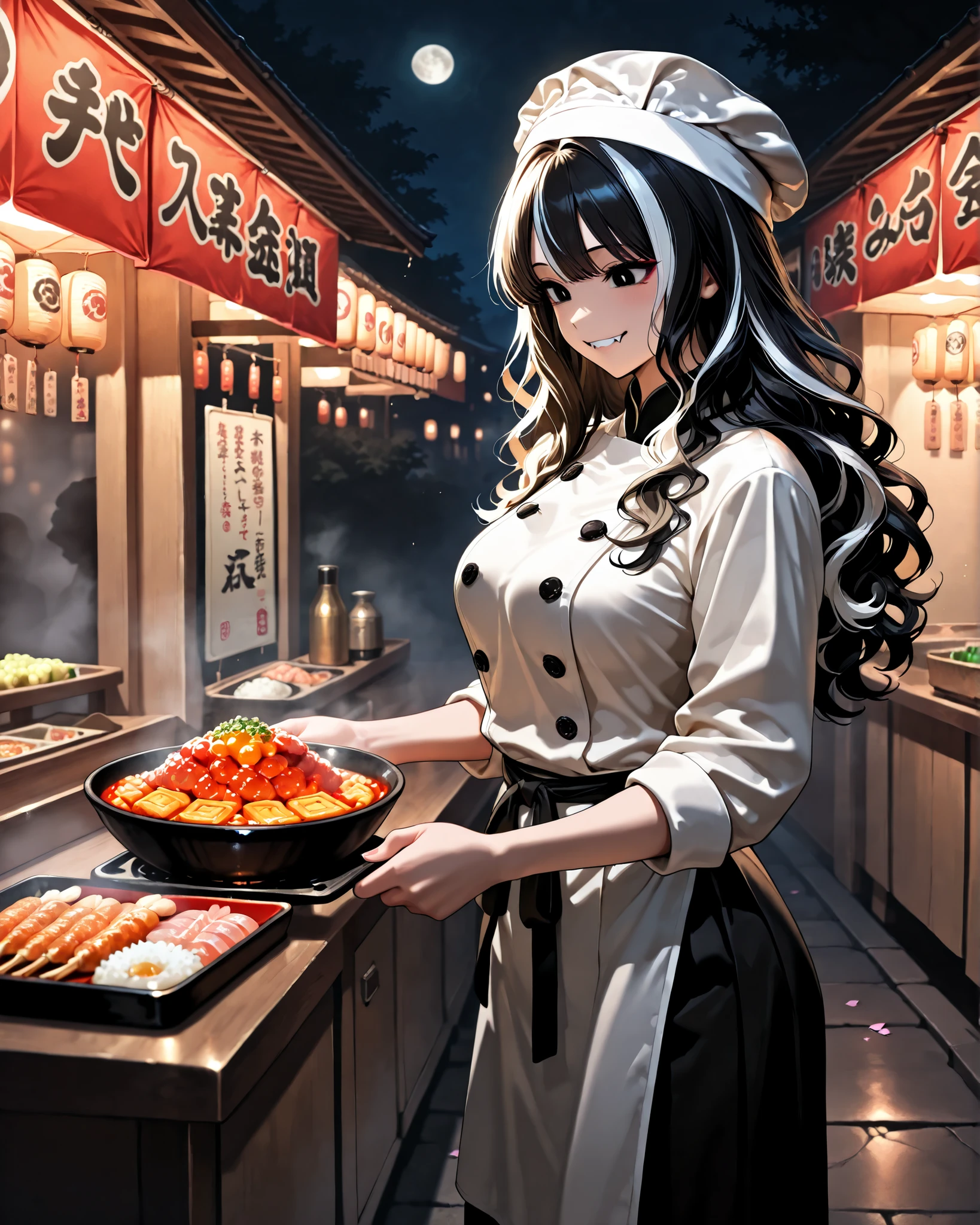 side angle, (masterpiece, 4k, ultra detailed, vivid colors), {1woman}: (a beautiful and attractive woman, short black wavy hair with white streaks, black eyes, wearing an Asian chef outfit, standing happily and energetically, preparing very tasty food behind a Japanese food stall, smiling showing small fangs while doing everything in an energetic and agitated way), at night, in a small Japanese street food stall, sakura petals falling gently, on a night where the moon shining in the background illuminates everything perfectly and creates shadows