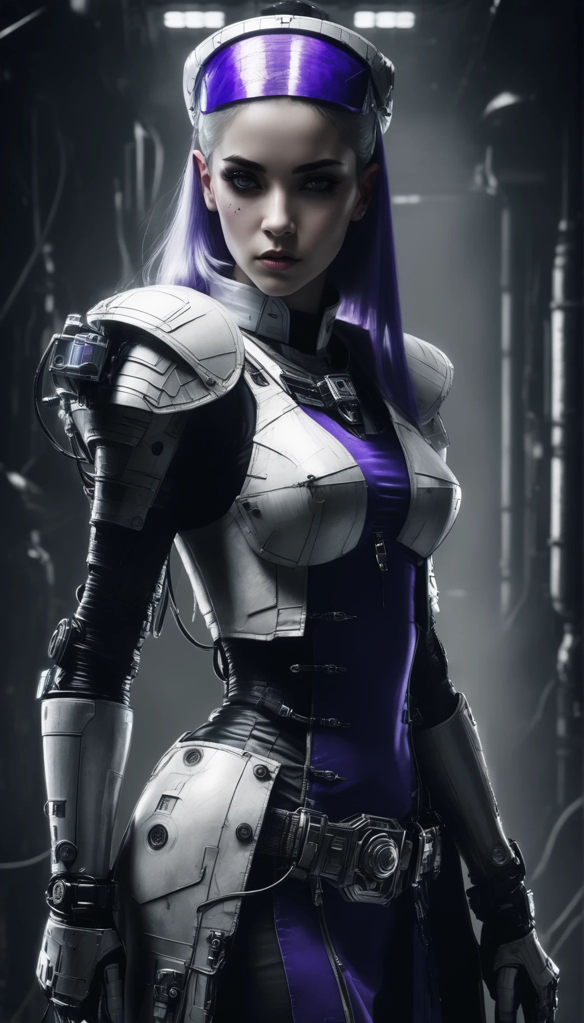 Important (20 year old noble woman, some wires attached to forehead, general, warhammer 40 000 theme):
Scene (space ship corridor):
Character Face (bad look, sad, sleepless, goth makeup):
Character Body (white skin, fit, oiled skin, sweat skin, neon glowing electric collar, wide hips, thin waits, thic thights):
Character Hair (long straight white hair):
Character Clothes (purple, priest uniform, wires, lab long coat, heavy boots, long cut dress, staff in hand, tihght high boots, high heels):
Character Action (standing, holding golden staf):
View (full body):
Scene light (strong, lighting, emphasizing curves):
Color tones (rich and vibrant colors, warm tones, saturated, contrasted):
Image quality (illustration, photography, 8k, super detail, best quality, 8k, high details, anatomically correct, masterpiece, highres, best quality, award winning, high quality, high details, super detail, erotic art, pin-up, glamour, fine art photography):