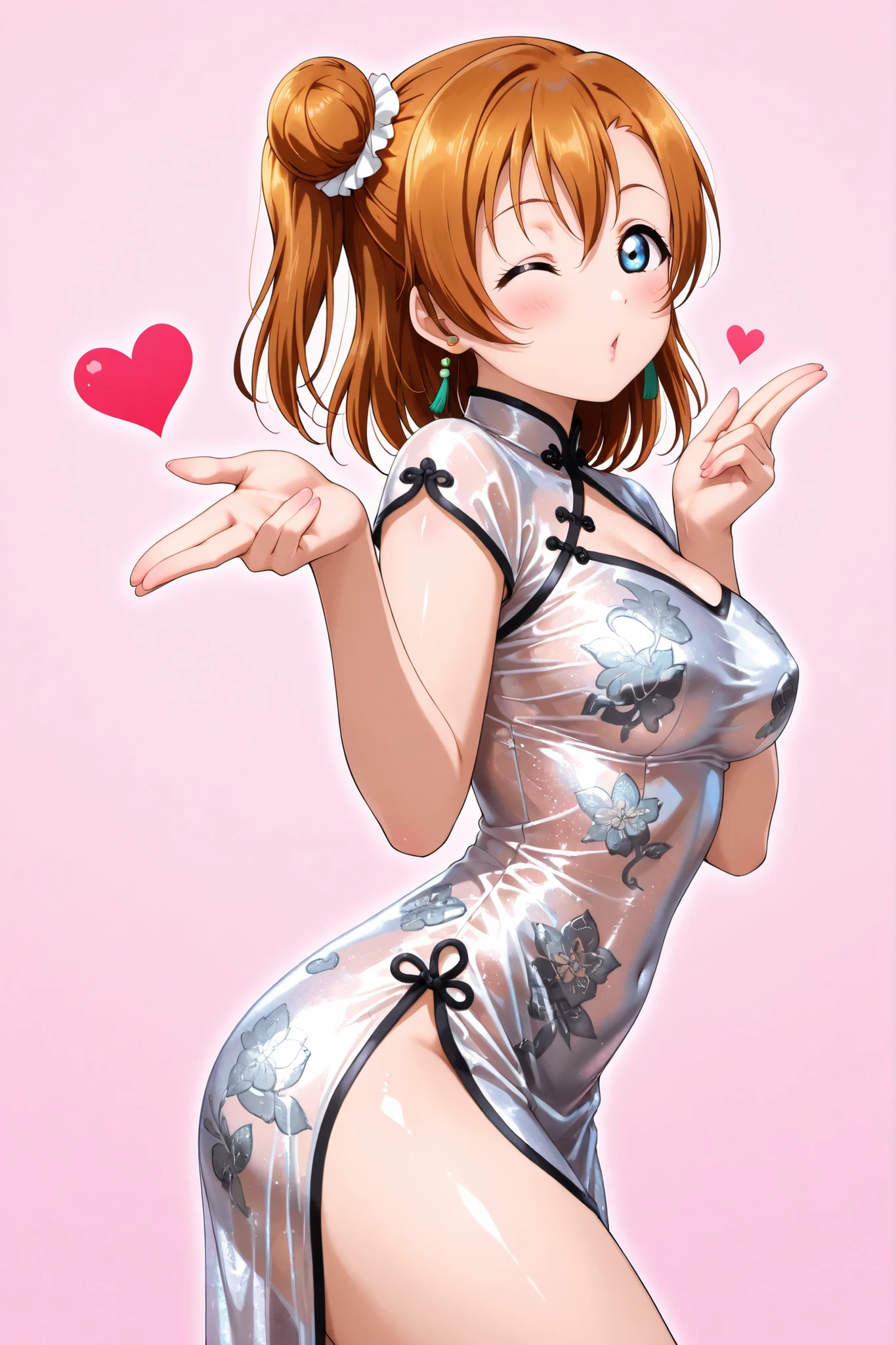 Love live, shiny skin, sheer fabrics,Kousaka honoka, sexy Chinese dress,blowing kiss, heart, tight dress, covered breasts , wink,from side , (silk clothes:1.2),digital_art, simple_background