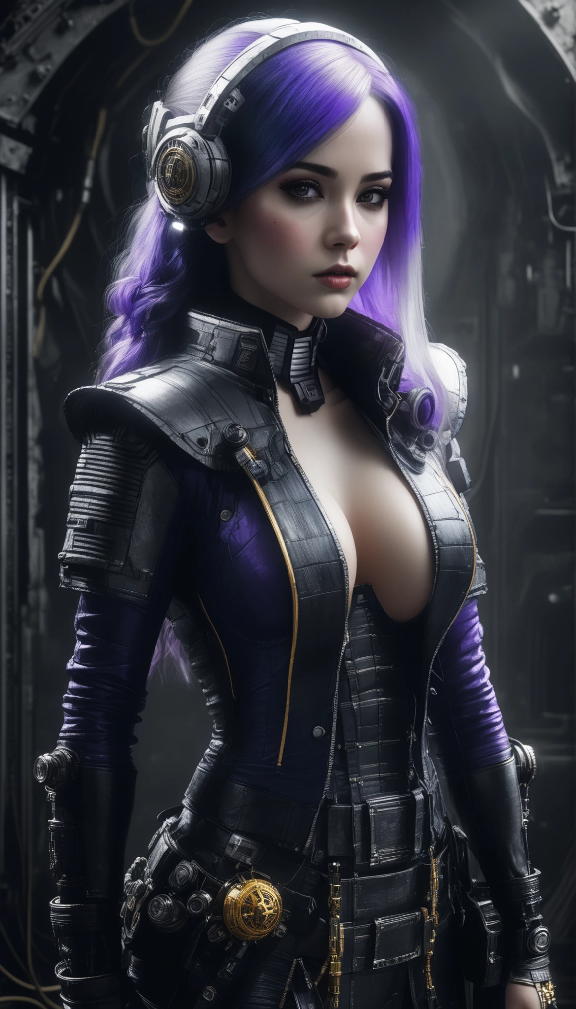 Important (20 year old noble woman, some wires attached to forehead, general, warhammer 40 000 theme):
Scene (space ship corridor):
Character Face (bad look, sad, sleepless, goth makeup):
Character Body (white skin, fit, oiled skin, sweat skin, neon glowing electric collar, wide hips, thin waits, thick thights):
Character Hair (long straight white hair):
Character Clothes (purple and gold priest uniform, wires, lab long coat, heavy boots, long cut dress, tihght high boots, high heels):
Character Action (standing, holding golden staf):
View (full body):
Scene light (strong, lighting, emphasizing curves):
Color tones (rich and vibrant colors, warm tones, saturated, contrasted):
Image quality (illustration, photography, 8k, super detail, best quality, 8k, high details, anatomically correct, masterpiece, highres, best quality, award winning, high quality, high details, super detail, erotic art, pin-up, glamour, fine art photography):