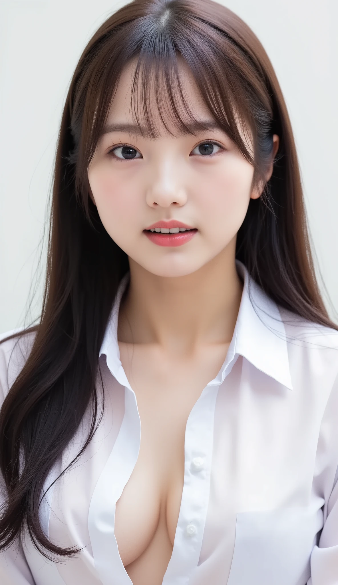 実写、shot with a Canon EOS R5, 50mm lens, f/2.8 apertur、(masterpiece,best quality:1.4)、detailed breast、Japanese idol、最高品質、超高解像度、8K、Full Body Shot、明るい部屋、椅子に座る、Emphasize the cleavage、濃い茶髪、セミロングヘア、さらさらの髪質、medium-sized breasts、white dress shirt, naked shirt,cleavage ,open shirts,large shirts,no panties,bottomless
,(see-through nipples:1.1),Seductively Posing