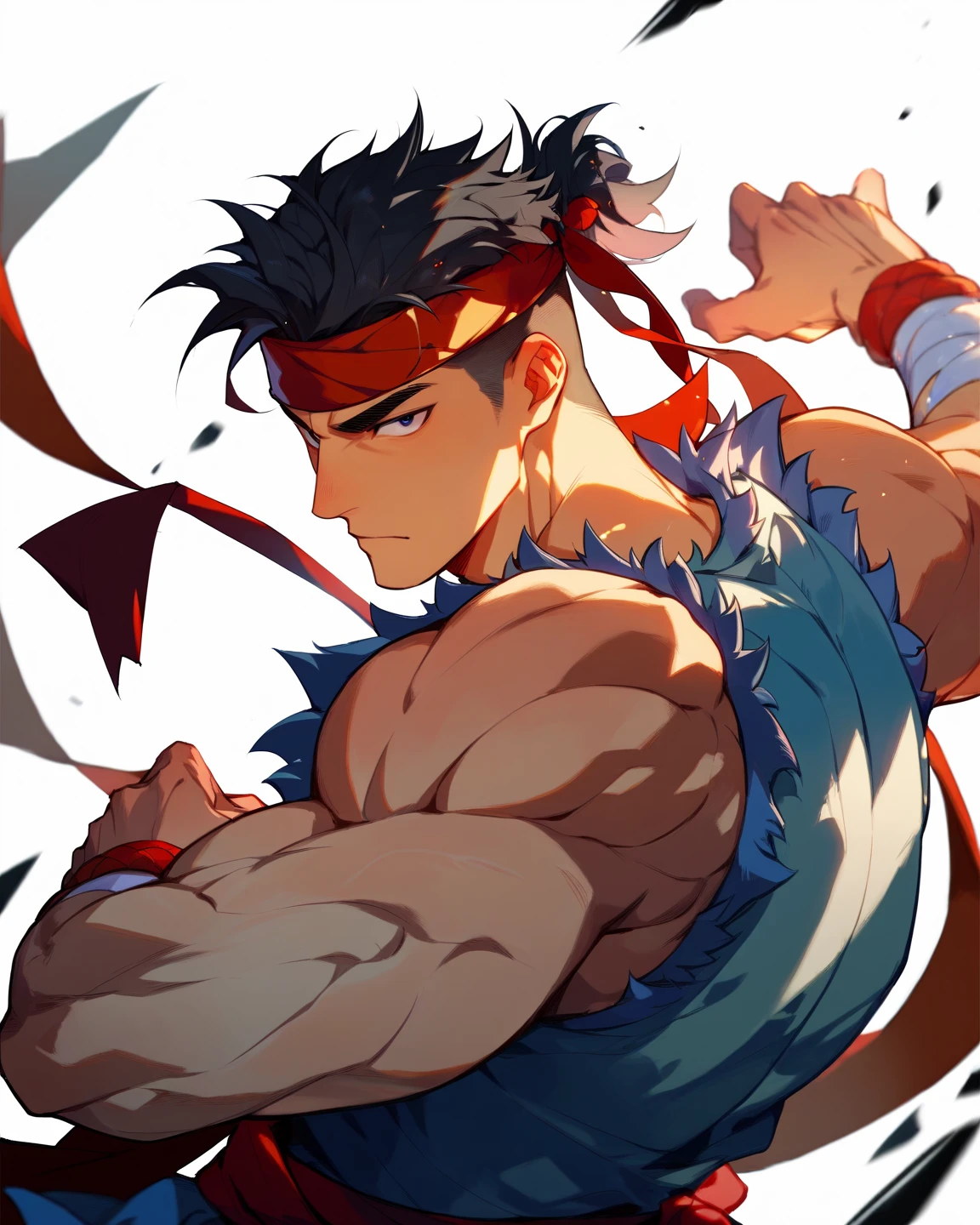 (Masterpiece, Best quality 19 year old boy, simple background, cowboy shot), solo, Young, boy, muscler, , , (Dark Short straight hair, under cut, brown eyes), (red headband, ((black wristband, weist sash))), Vivid colors, (hot Abs:1.2, abs!, big abs, big :1.2, !, muscler upper arms, clenched fist), ( male), closed mouth, serious, muscler!, muscler body, Man with martial arts stance, (aura power:1.4), detailed face, detailed muscle, (((A magical turquoise mystical aura, random fighting pose, powerful, action, rippling muscles, fighting with great fury against enemy, concentrate)))