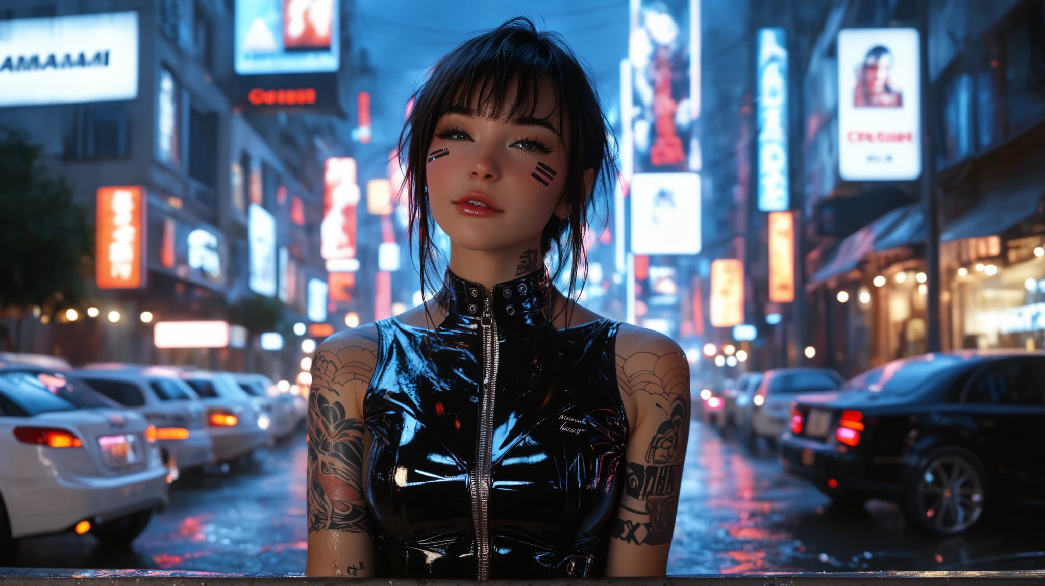 "A young and beautiful half-naked woman walks through a cyberpunk city, dressed in a tight black latex dress, that shines under the neon lights. Her figure is slender and perfectly defined., With curves, accentuated by the thick material of her clothes. Surrounding the environment around you dark and rainy., with wet streets, reflecting the lights of holograms and neon signs.  her skin has a subtle glow , as if slightly damp from the rain,  while her long , straight hair falls on her shoulders. The details are photorealistic, with a cinematic, quality that captures every aspect of her appearance and the technological and futuristic world, in which she is located.." ,aidmaMJ6.1 half-light from behind,  backlight ,  natural light , incandescents , optical fiber, lighting ambient,  cinema lighting ,  studio lighting ,  soft lighting ,  Voluminous  ,  strong contrast