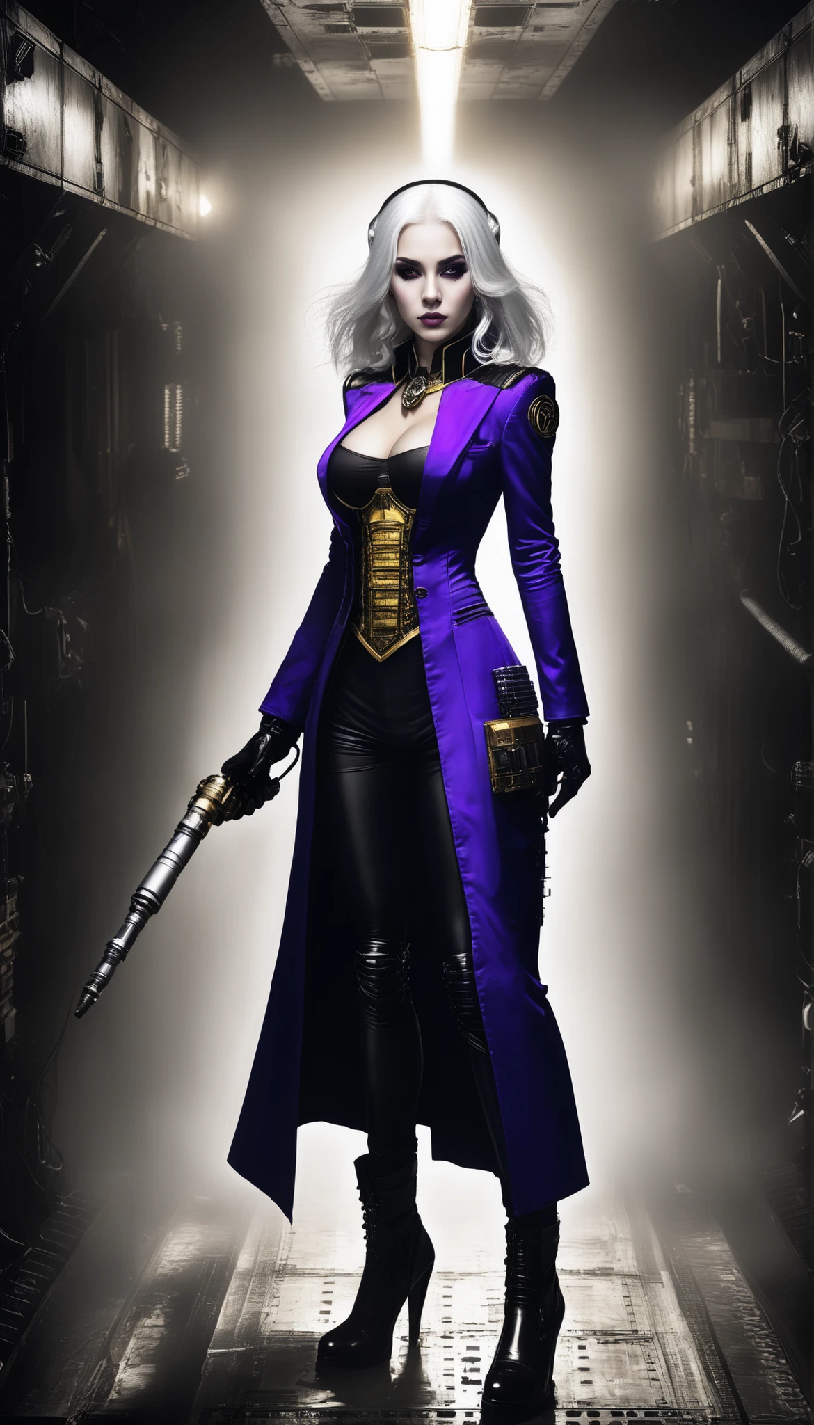 Important (20 year old noble woman, thight high boots, stockings, some wires attached to forehead, priest, warhammer 40 000 theme):
Scene (space ship corridor):
Character Face (bad look, sad, sleepless, goth makeup):
Character Body (white skin, fit, oiled skin, sweat skin, neon glowing electric collar, wide hips, thin waits, thick thights):
Character Hair (white, long straight white hair):
Character Clothes (high heels, stockings, purple and gold priest uniform, wires, lab long coat, heavy boots, long cut dress, tihght high boots, high heels):
Character Action (standing, holding golden staf):
View (full body):
Scene light (strong, lighting, emphasizing curves):
Color tones (rich and vibrant colors, warm tones, saturated, contrasted):
Image quality (illustration, photography, 8k, super detail, best quality, 8k, high details, anatomically correct, masterpiece, highres, best quality, award winning, high quality, high details, super detail, erotic art, pin-up, glamour, fine art photography):