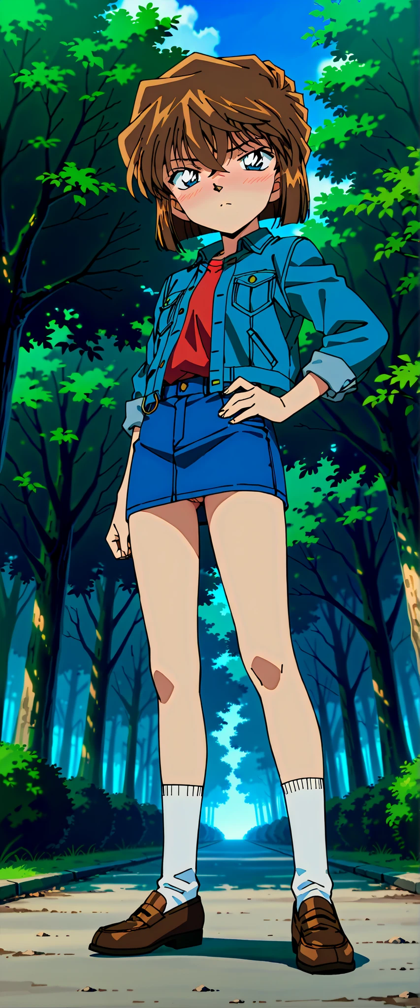 score_9, score_8_up, score_7_up,anime_screenshot,OFFICIAL ART,anime coloring, Balanced upper and lower body structure,masterpiece, Highest Quality, Amazing Quality, uncensored,1990s \(style\),Detective Conan style,nsfw,BREAK,1girl,(lori),solo,haibara ai,short hair,brown hair,blue eyes,(sanpaku),hair between eyes,BREAK,complete nude,denim jacket,denim mini skirt,white socks,brown Loafers ,BREAK,blush,disappointed,contemptuous,disdain,naughty face,in heat,BREAK,(glare:1.3),standing,hand on own hip,BREAK,outdoor,park,forest,(looking at viewer),full body,from front,from below,low angle
