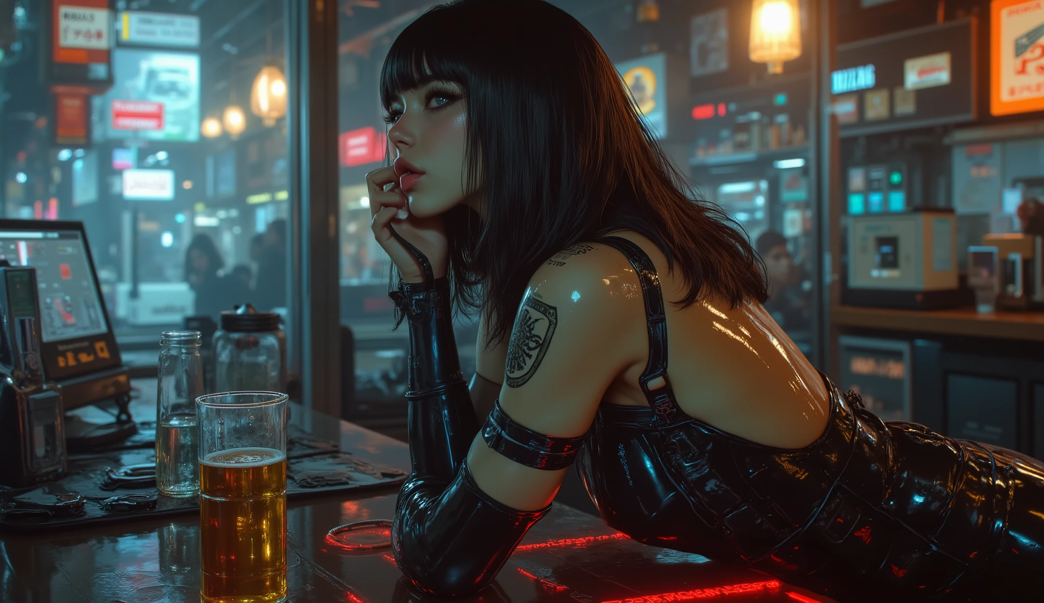((masterpiece)) (better quality , masterpiece) , (Cyberpunk2077 gal) , (meticulous and intricate cybernetic arms and legs) ("Cyber Hunter") , () , (black волосы , short with bangs) , (Sensual blue eyes , sensual smile , teeth , medium chest) , (Generous curves) , (Wearing a rubber leotard sleeveless , medium chest , watergirl , sleeveless) , ( on the table ) (Cyberpunk cafe , Tokyo 2077) (photo)
information. The atmosphere is cinematic, photorealistic, with razor-sharp details, subtle haze, and a haunting bittersweet mood — rendered in photorealistic style for FLUX. ((drink beer)), ((DRINKING))
