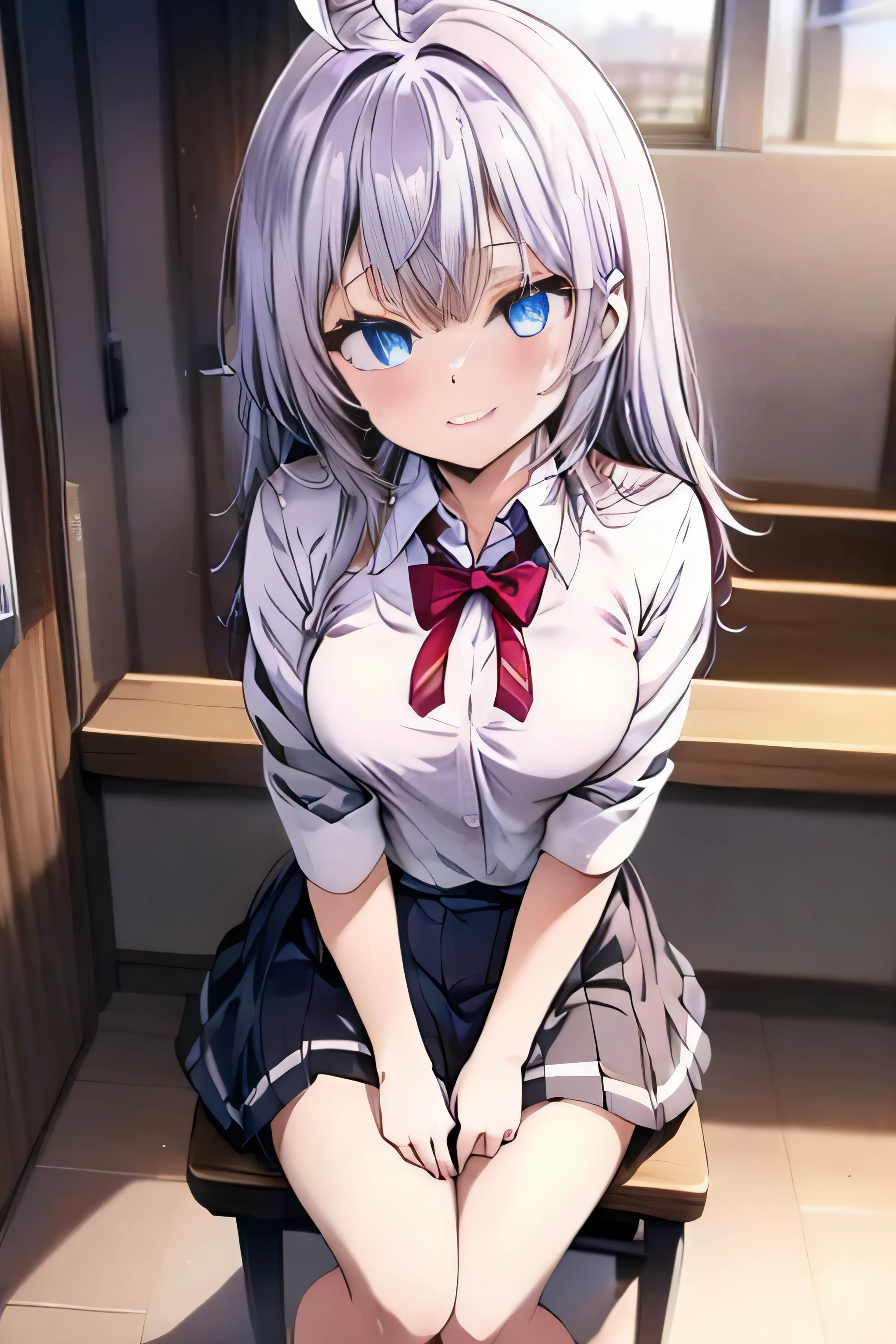 Alisa Mikhailovna Kujo、silver hair、blue eyes、uniform、ahoge、beautiful feet、Girl、At school、 small breasts 、Girl、 small breasts 、Bright smile 、It seems that in about 15 years、Bitan Musumi、He is short