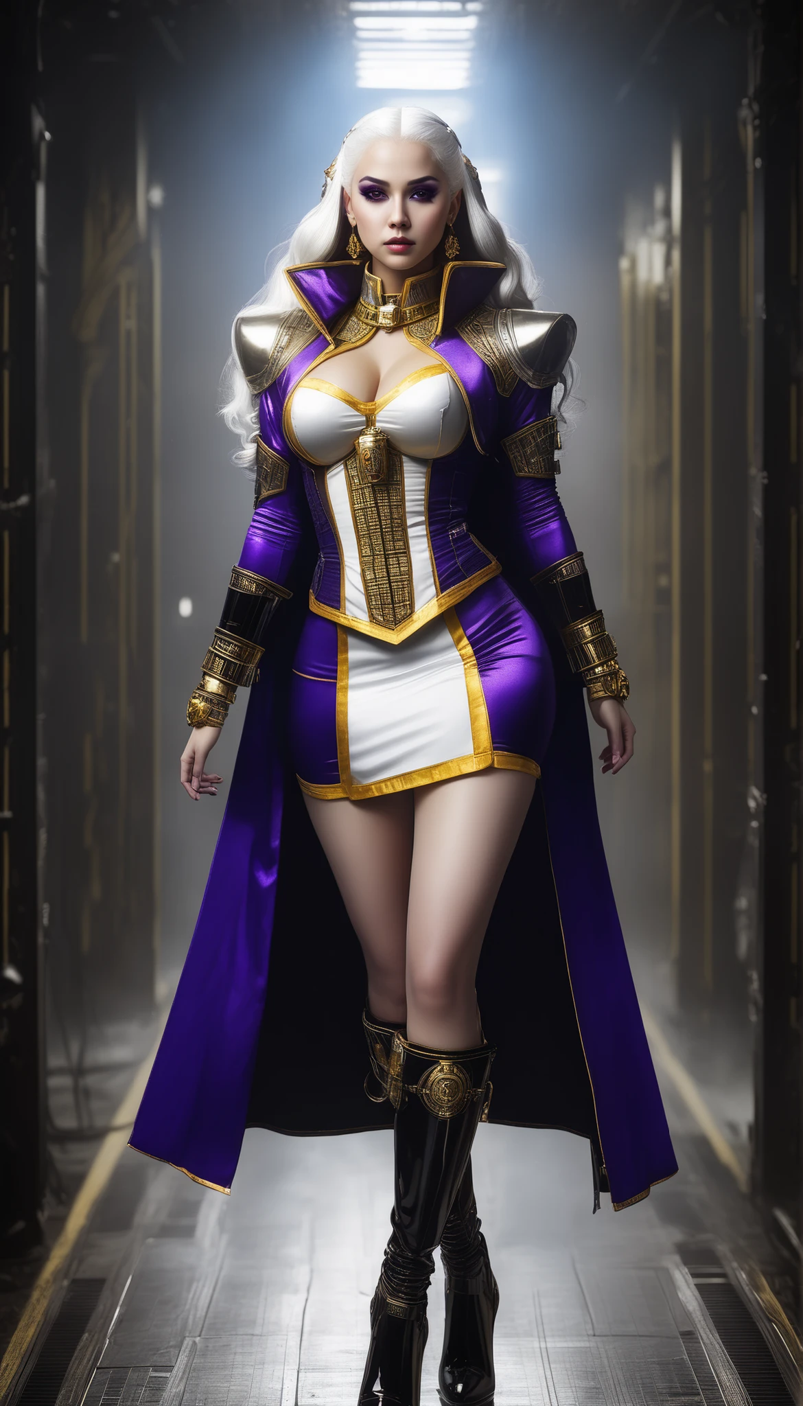Important (20 year old noble woman, thight high boots, stockings, purple and gold priest uniform, warhammer 40 000 theme):
Scene (space ship corridor):
Character Face (bad look, sad, sleepless, goth makeup):
Character Body (white skin, fit, oiled skin, sweat skin, neon glowing electric collar, wide hips, thin waits, thick thights):
Character Hair (white, long straight white hair):
Character Clothes (high heels, black stockings, purple and gold priest uniform, long cut dress, tihght high boots, high heels):
Character Action (standing, holding golden staf):
View (full body):
Scene light (strong, lighting, emphasizing curves):
Color tones (rich and vibrant colors, warm tones, saturated, contrasted):
Image quality (illustration, photography, 8k, super detail, best quality, 8k, high details, anatomically correct, masterpiece, highres, best quality, award winning, high quality, high details, super detail, erotic art, pin-up, glamour, fine art photography):