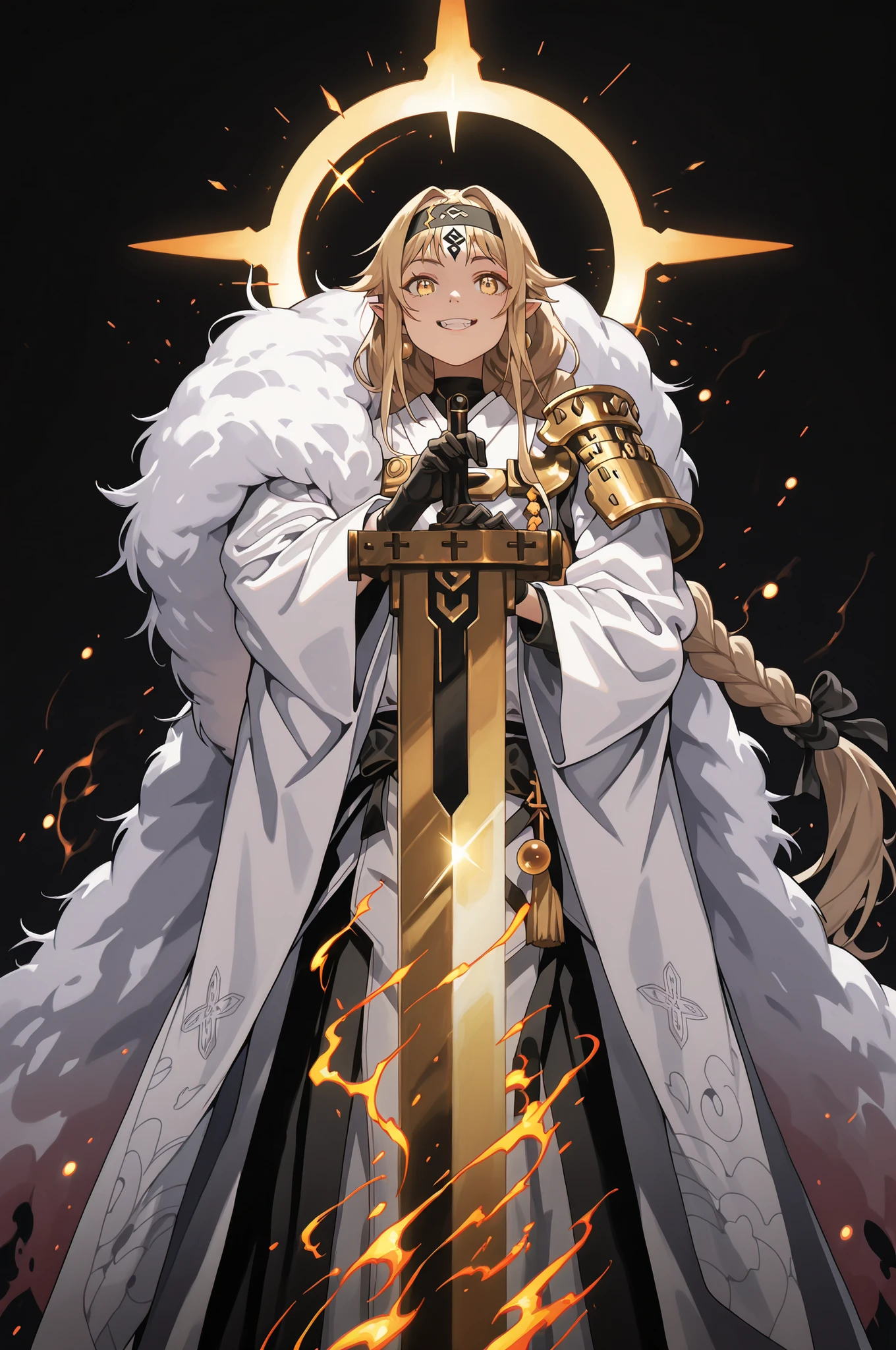 A short, solitary male character, a young teenager, about 1.5 meters tall. He stands alone against a deep black background, making him stand out vividly. His physique, face, and height are exactly like Lloyd de Saloum.

He has long blond hair, styled exactly like Alice Zuberg's from Sword Art Online, with a braid tied in the middle with a black ribbon before flowing freely. A black headband, identical to Alice Zuberg's, rests on his head. His golden eyes shine brightly. His expression is provocative and confident, marked by a bold, mocking smile. He has pointy ears and a golden monkey tail.

Outfit:
He wears an ornate white Chinese robe. Draped over his right shoulder is a flowing golden fur cloak (like Sesshoumaru’s), soft and radiant like a divine cloud, falling almost to the ground along his back. The cloak is fastened with gold medals and chains that cross to his left shoulder. He has a golden pauldron on his left shoulder with the design of an oni face.

Weapon:
In his right hand, he firmly grips a gigantic Japanese greatsword with a golden blade and black details on the blade with three black rings attached to the blade. The guard and hilt of the greatsword are black and there is dark energy emanating from the blade.

In his left hand, he holds a ball of golden energy with glowing dots, radiating power. In his left hand, he holds a ball of golden energy with glowing dots, radiating power.

Pose and Atmosphere:
He assumes a bold, dynamic battle stance, facing the viewer directly with a playful yet arrogant look. His left hand conjures a golden sphere of energy streaked with glowing red sparks, radiating raw power.

Atmosphere and Style:
Male character, youthful energy.
Ultra-detailed, sharp, clean anime style. Deep black background with cinematic lighting accentuating his short stature and powerful aura. Golden jeweled earrings glimmer in the light.

The character is a boy. The character is male. The character is male.