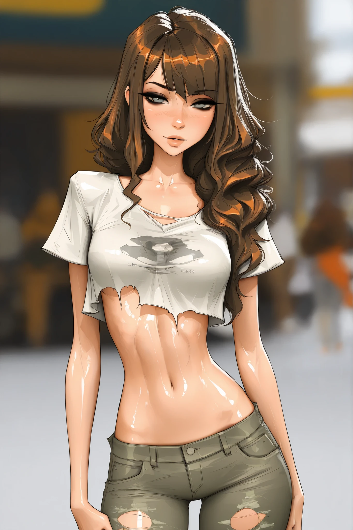 Michelle Trachtenberg, 20 year old woman,  1girl, skinny, short brown hair, gray greenish eyes, eyeliner,   , torn up baggy jeans, , sam yang, shirow masamune art style, masterpiece, best quality, very aesthetic, movie quality, depth of field, soft saturation, focused subject, ,official style, shiny skin, closeup, 