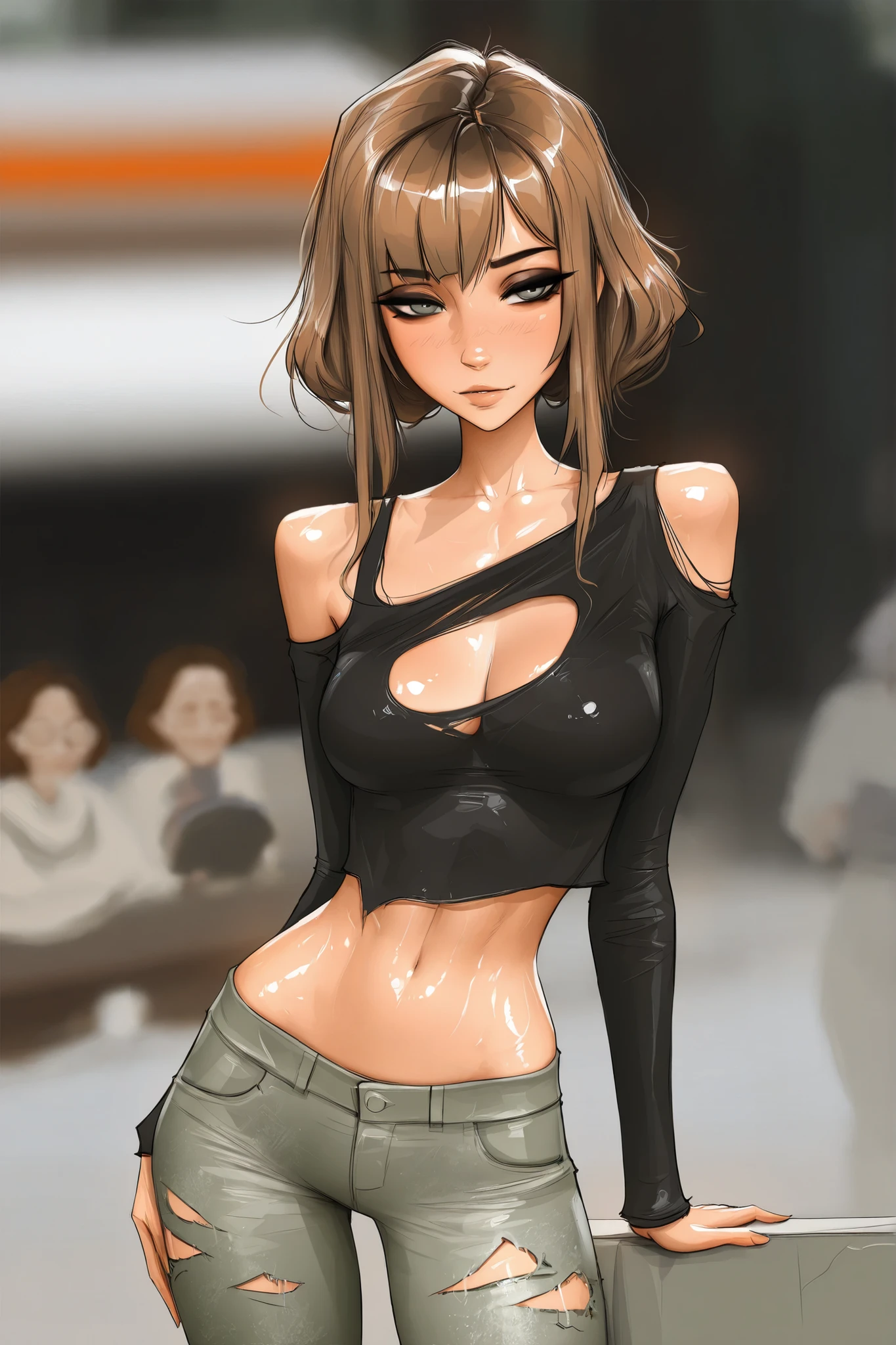 Michelle Trachtenberg, 20 year old woman, 1girl, skinny, short brown hair, gray greenish eyes, eyeliner, , torn up baggy jeans, , sam yang, shirow masamune art style, masterpiece, best quality, very aesthetic, movie quality, depth of field, soft saturation, focused subject, ,official style, shiny skin, closeup,