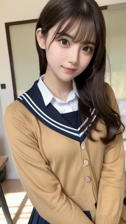 Panties can be seen from inside the skirt、sitting on、Japan school uniform、hi-school girl、full bodyesbian、1girl in、Wheat-toned skin、Have a tan、Wearing makeup、