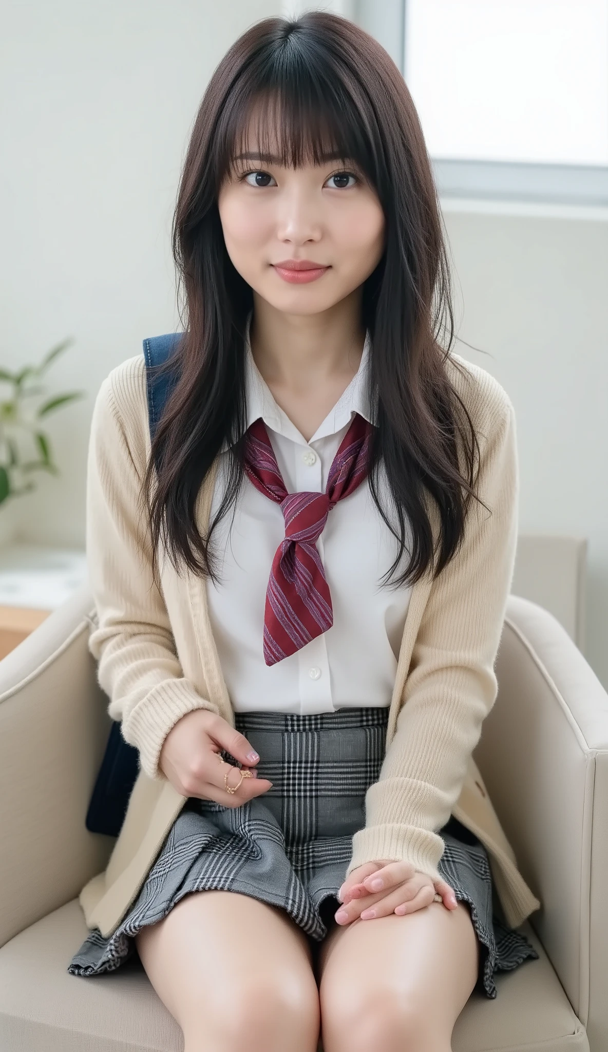 live-action、shot with a Canon EOS R5, 50mm lens, f/2.8 apertur、(masterpiece,best quality:1.4)、Highest Quality、ultra high res、8K、bright room、chair in the building on the edge、front view、Full body photo、Smile Yan、black haired 、straight semi-long、shiny hair、have bangs、(slender style:1.3)、(huge breasts:1.5)、zettai ryouiki、 white button-up shirt with rolled-up sleeves and loosely knotted burgundy striped tie, gray plaid pleated mini skirt (uniform style), beige knit cardigan tied around waist, light pink scrunchie, white loose socks scrunched to calves, black leather loafers, navy school bag with flowers key charm、Seductively Posing、Show Panties、exposes thighs