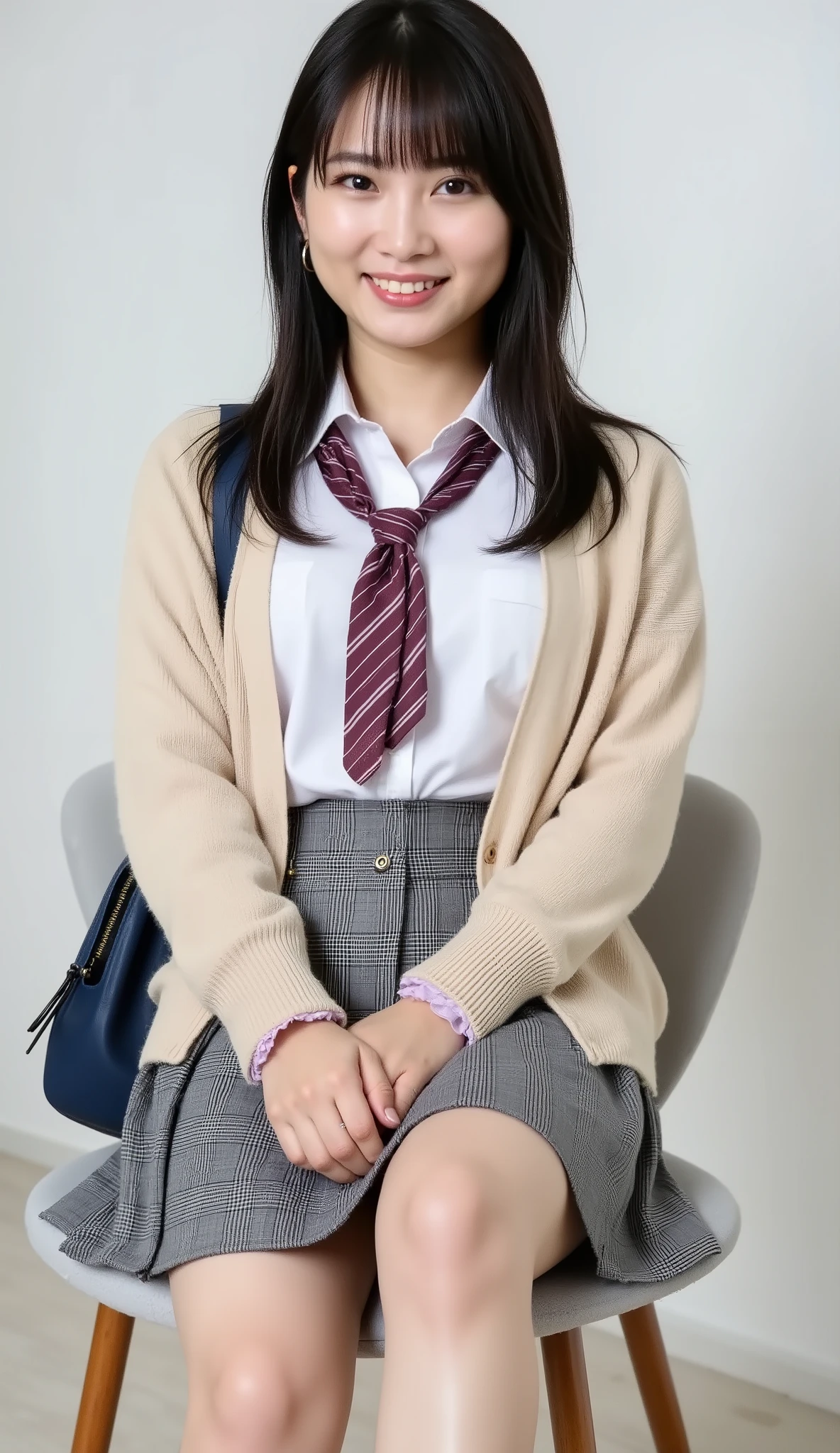 live-action、shot with a Canon EOS R5, 50mm lens, f/2.8 apertur、(masterpiece,best quality:1.4)、Highest Quality、ultra high res、8K、bright room、chair in the building on the edge、front view、Full body photo、Smile Yan、black haired 、straight semi-long、shiny hair、have bangs、(slender style:1.3)、(:1.5)、zettai ryouiki、 white button-up shirt with rolled-up sleeves and loosely knotted burgundy striped tie, gray plaid pleated mini skirt (uniform style), beige knit cardigan tied around waist, light pink scrunchie, white loose socks scrunched to calves, black leather loafers, navy school bag with flowers key charm、Seductively Posing、Show Panties、exposes thighs
