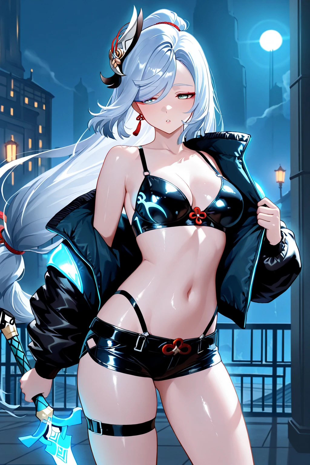 A girl stands on the rooftop of a high-rise building overlooking Tokyo late at night、She has a short bob with a white lob of hair and wears a large black witch hat with sapphire jewelry.、A high school student wearing a navy blue ?????? with a white ribbon、She wears a large witch's hat with a small sapphire accessory、A few star creams、Beautiful starry sky、Beautiful night view、large witch's hat 、Navy blue ?????? pants that dig into your stomach、Small ???????、B cup ???????、Navy blue ?????? top with white frills