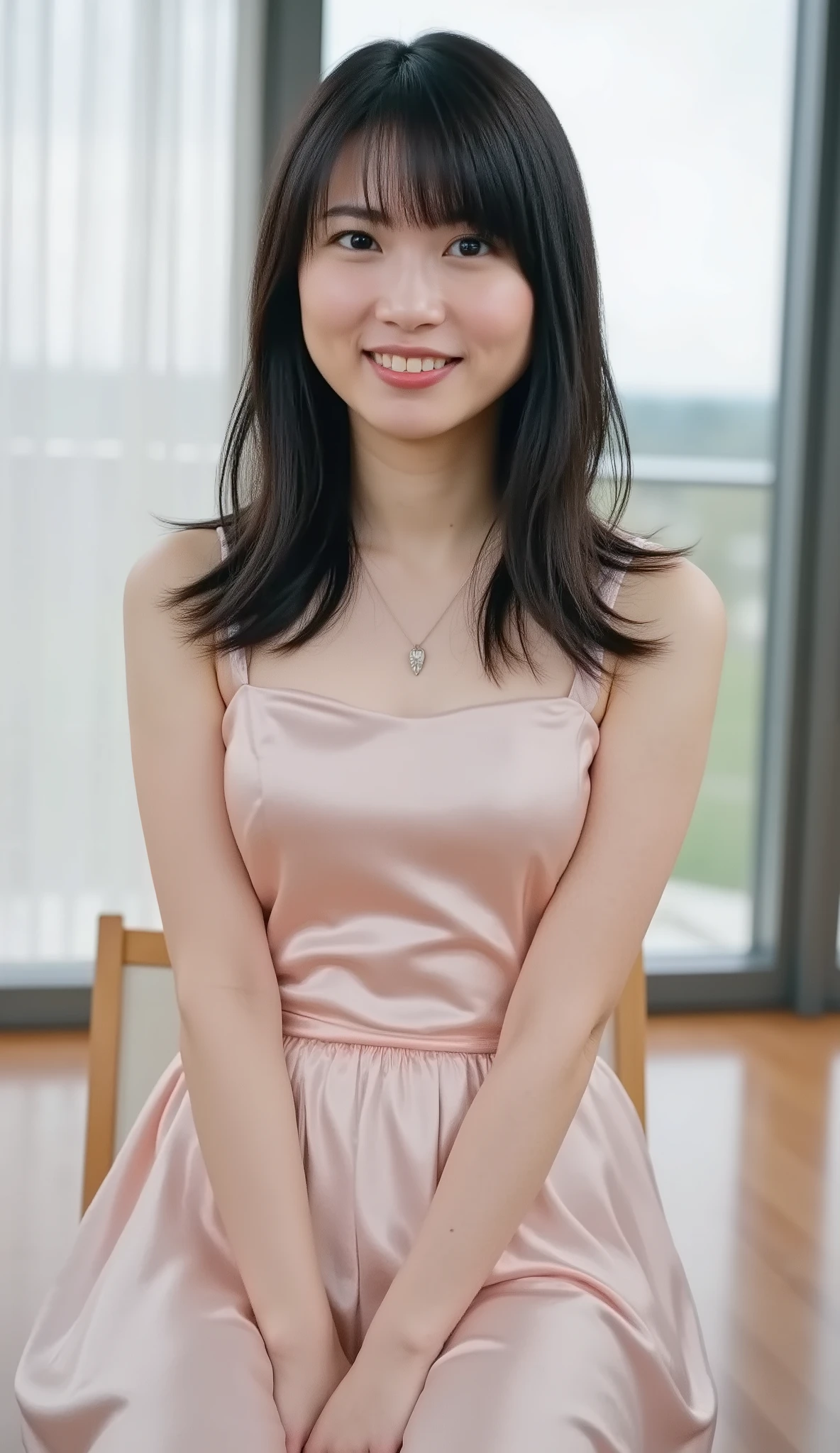 live-action、shot with a Canon EOS R5, 50mm lens, f/2.8 apertur、(masterpiece,best quality:1.4)、Highest Quality、ultra high res、8K、bright room、chair in the building on the edge、front view、Full body photo、Smile Yan、black haired 、straight semi-long、shiny hair、have bangs、(slender style:1.3)、(huge breasts:1.5)、zettai ryouiki、 silk slip-style petticoat underskirt, smooth satin finish, minimal seams, soft drape