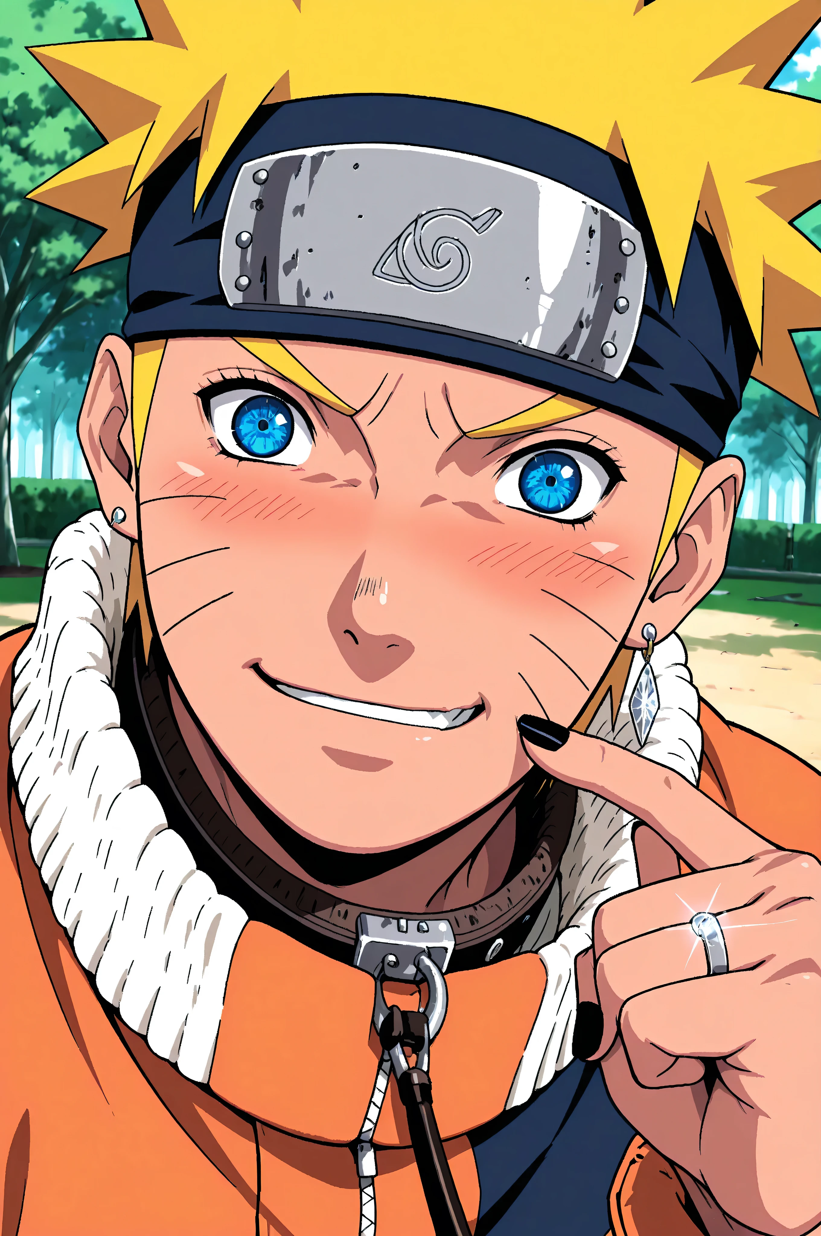 classics, 8k, Highest Quality, details, high resolution, digital painting, ultra details, portrait, Uzumaki Naruto character is a boy, brown skin, short blonde, blue eyes, long and curved eyelashes, glossy lips , with a happy face, redhead , embarrassed, wearing a headband, Luxury Diamond Earrings, black nails, wedding ring finger, orange jacket , dog leash collar, squat, in the park, dark.