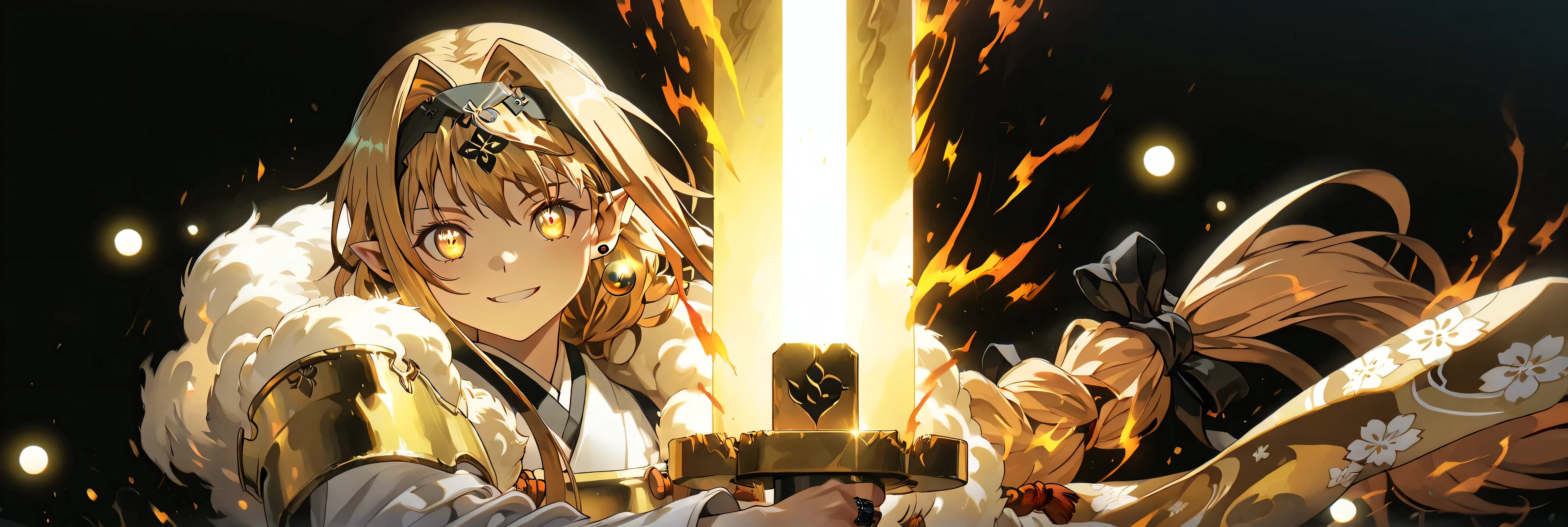 A short, solitary male character, a young teenager, about 1.5 meters tall. He stands alone against a deep black background, making him stand out vividly. His physique, face, and height are exactly like Lloyd de Saloum.
He has long blond hair, styled exactly like Alice Zuberg's from Sword Art Online, with a braid tied in the middle with a black ribbon before flowing freely. A black headband, identical to Alice Zuberg's, rests on his head. His golden eyes shine brightly. His expression is provocative and confident, marked by a bold, mocking smile. He has pointy ears and a golden monkey tail. Black headband identical to Alice Zuberg.
Outfit:
He wears an ornate white Chinese robe. Draped over his right shoulder is a flowing golden fur cloak (like Sesshoumaru’s), soft and radiant like a divine cloud, falling almost to the ground along his back. The cloak is fastened with gold medals and chains that cross to his left shoulder. He has a golden pauldron on his left shoulder with the design of an oni face.
Weapon:
In his right hand, he firmly grips a gigantic Japanese greatsword with a golden blade and black details on the blade with three black rings attached to the blade. The guard and hilt of the greatsword are black and there is dark energy emanating from the blade.
In his left hand, he holds a ball of golden energy with glowing dots, radiating power. In his left hand, he holds a ball of golden energy with glowing dots, radiating power.
Pose and Atmosphere:
He assumes a bold, dynamic battle stance, facing the viewer directly with a playful yet arrogant look. His left hand conjures a golden sphere of energy streaked with glowing red sparks, radiating raw power.
Atmosphere and Style:
Male character, youthful energy.
Ultra-detailed, sharp, clean anime style. Deep black background with cinematic lighting accentuating his short stature and powerful aura. Golden jeweled earrings glimmer in the light.
The character is a boy. The character is male. The character is male.